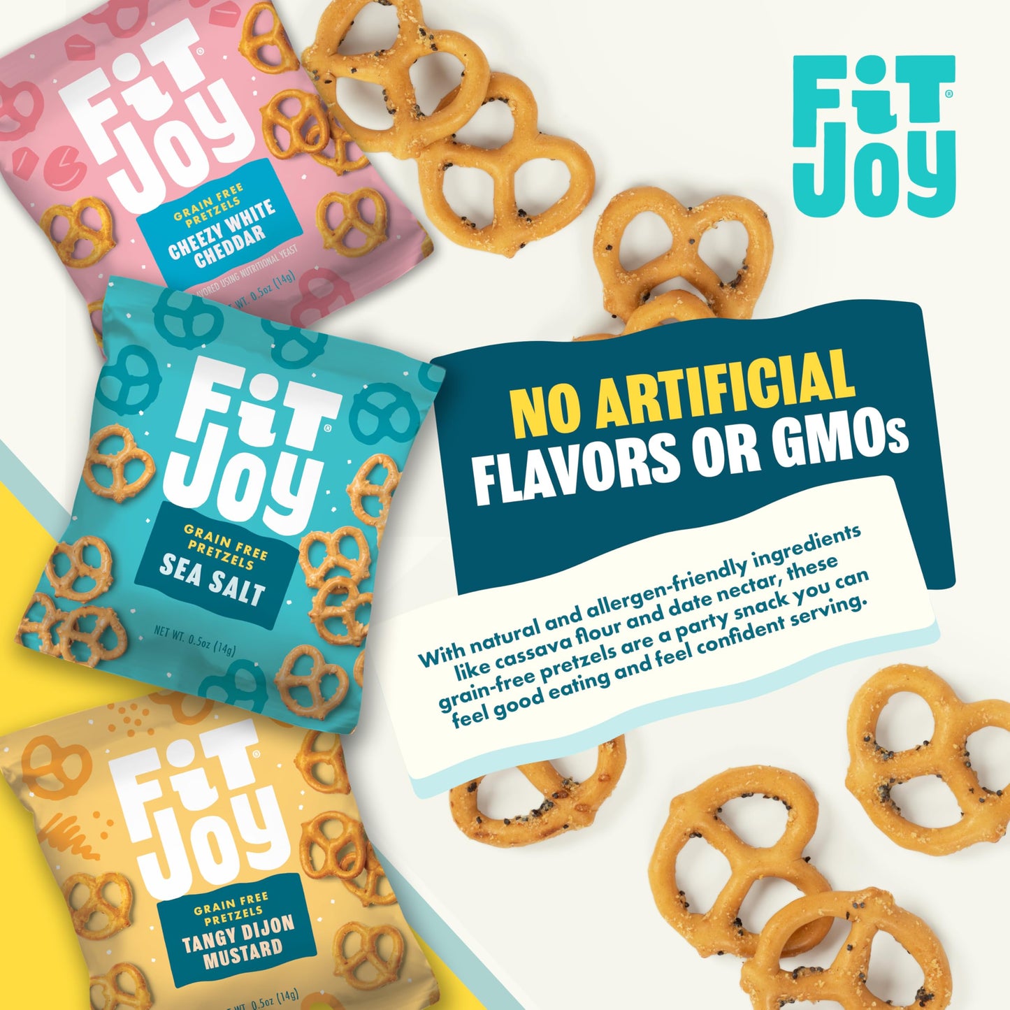 FitJoy Pretzel Variety Pack - 24 Count, 0.5 Oz Each - Tangy Dijon Mustard, Sea Salt, Cheezy White Cheddar - Gluten Free Snack