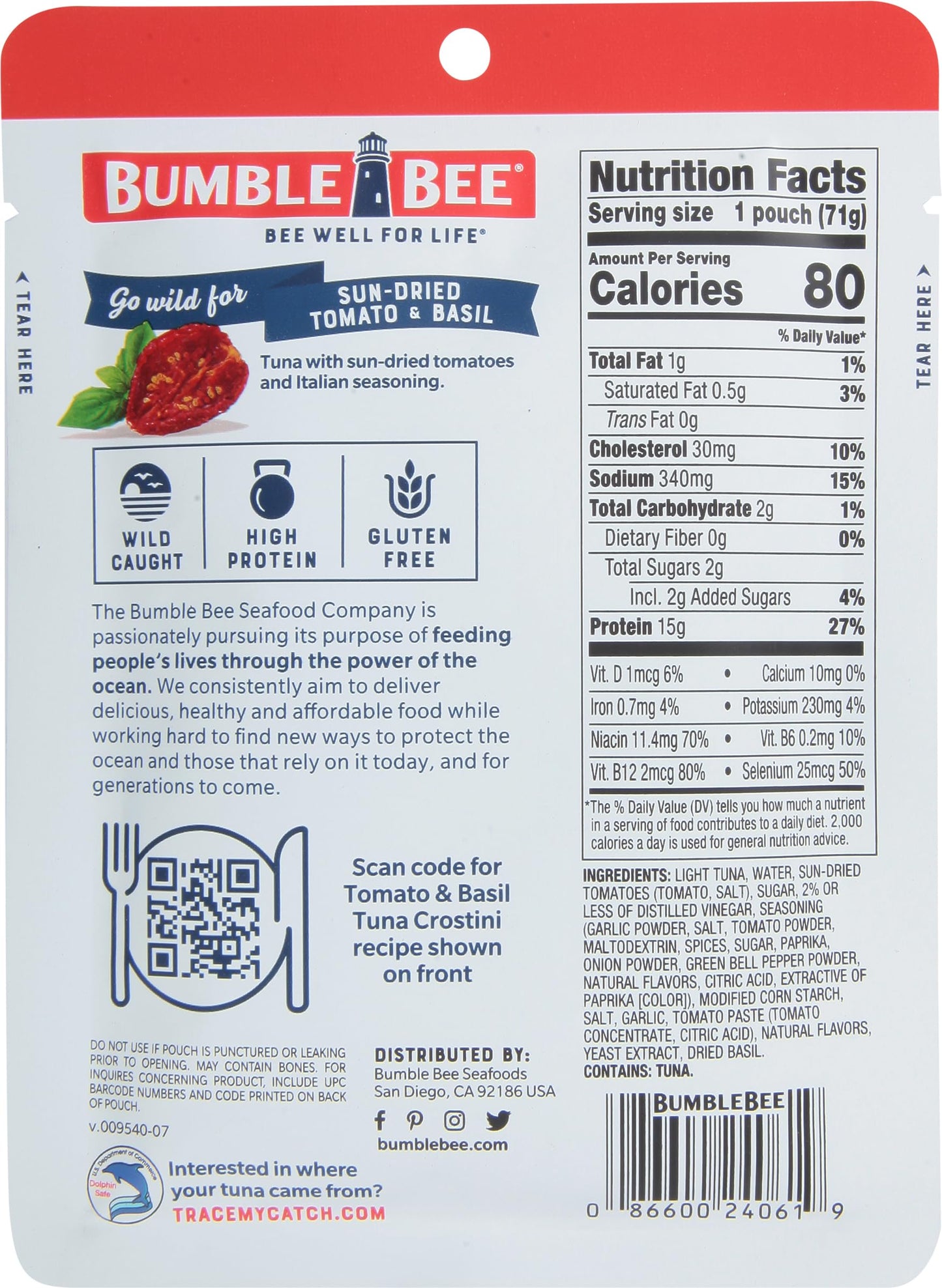 Bumble Bee Sun-Dried Tomato & Basil Seasoned Tuna, 2.5 oz Pouches (Pack of 12) - Ready to Eat - Wild Caught Tuna Packet - 15g Pr