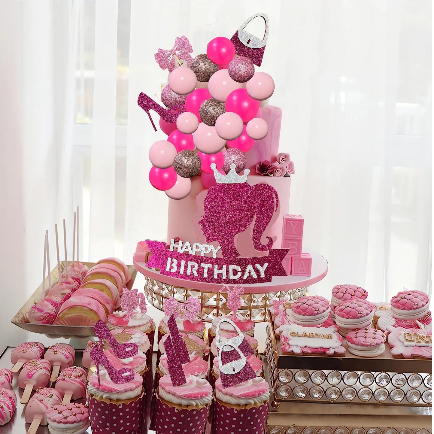 Hot Pink Girl Princess Cake Decorations - Glitter Happy Birthday Cake Topper With 20 Balls For Cake Decorating & 12 Girls Cupcak