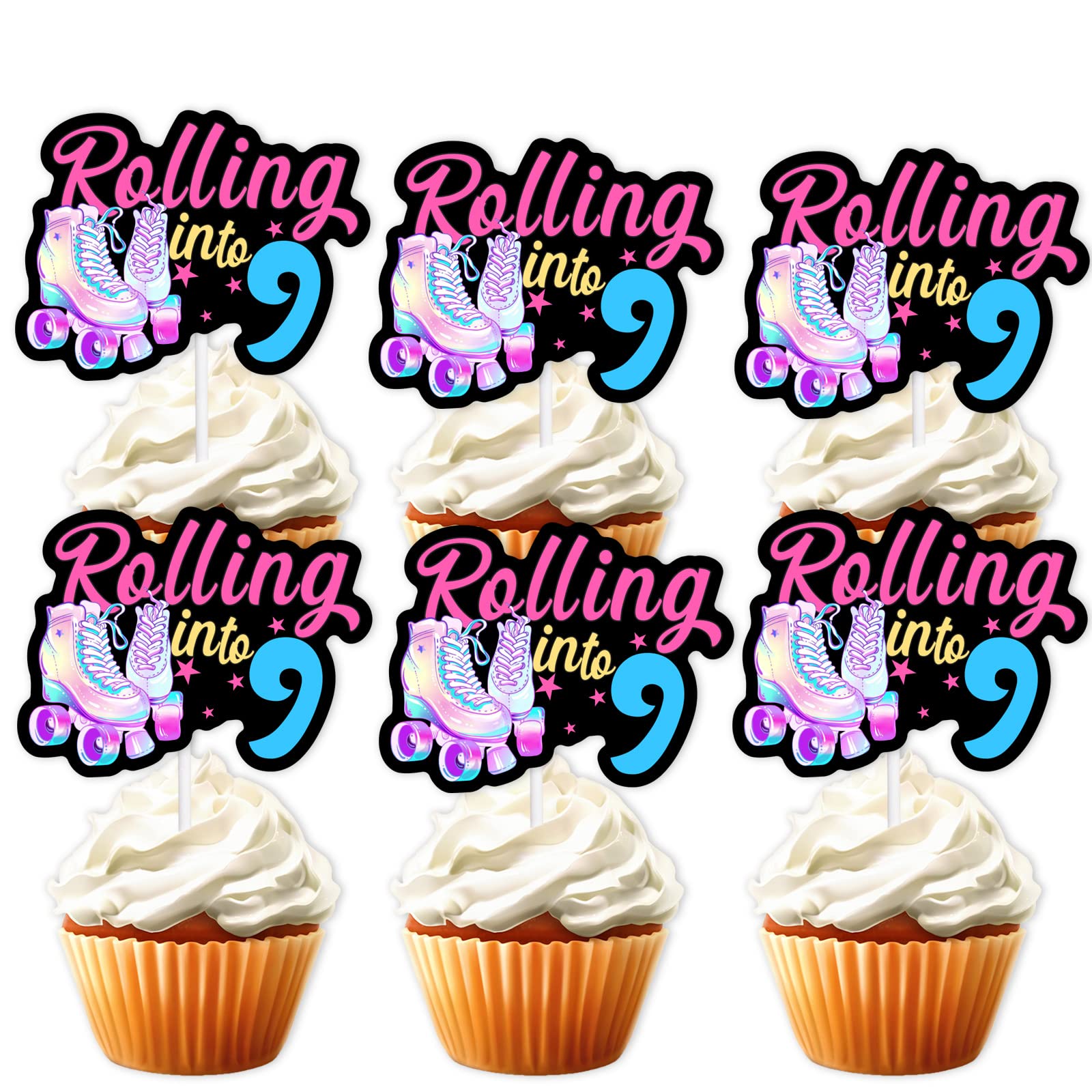 18Pcs Black Glitter Pink Roller Skates Dessert Cupcake Topper 80S 90S Retro Hip Hop Roller Skating Rolling Into 9 Theme Decor Su