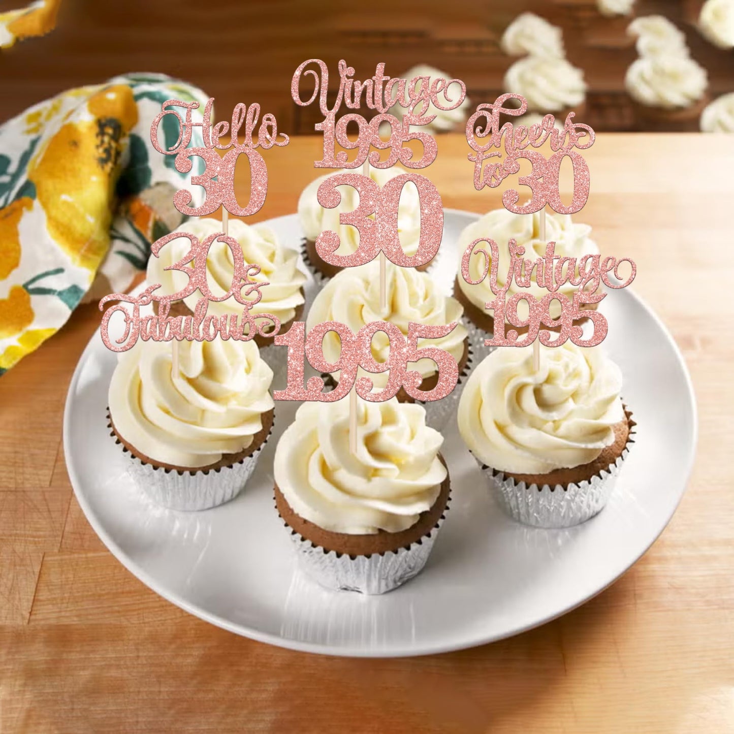 Rssta i Cupcake Toppers 24 Pack Rose Gold Paper Decorations for 30th Birthday and Wedding Anniversary Party