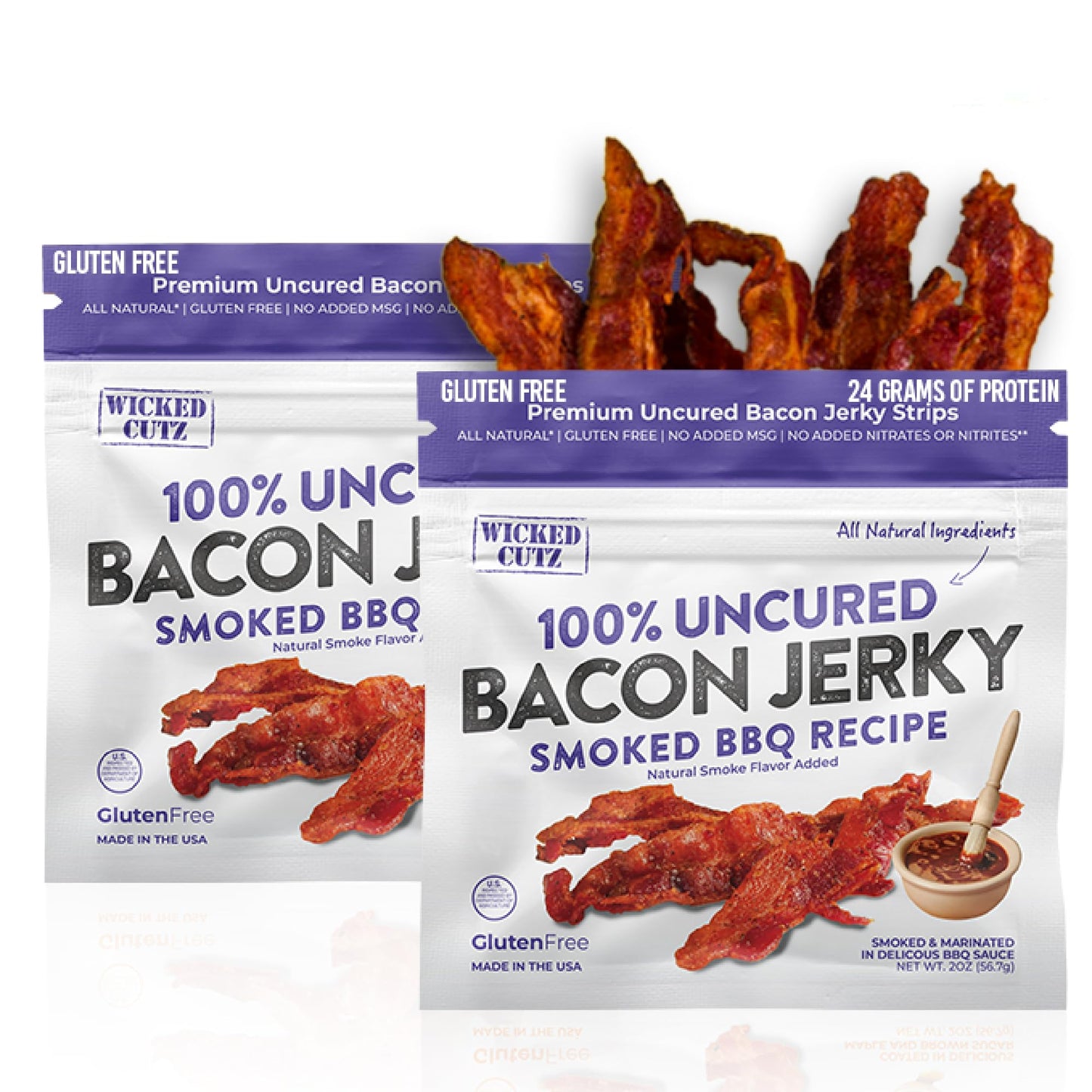 Wicked Cutz Smoked BBQ Bacon Jerky, 24g Protein, Tender & Easy to Chew, 2 Ounce (Pack of 2)