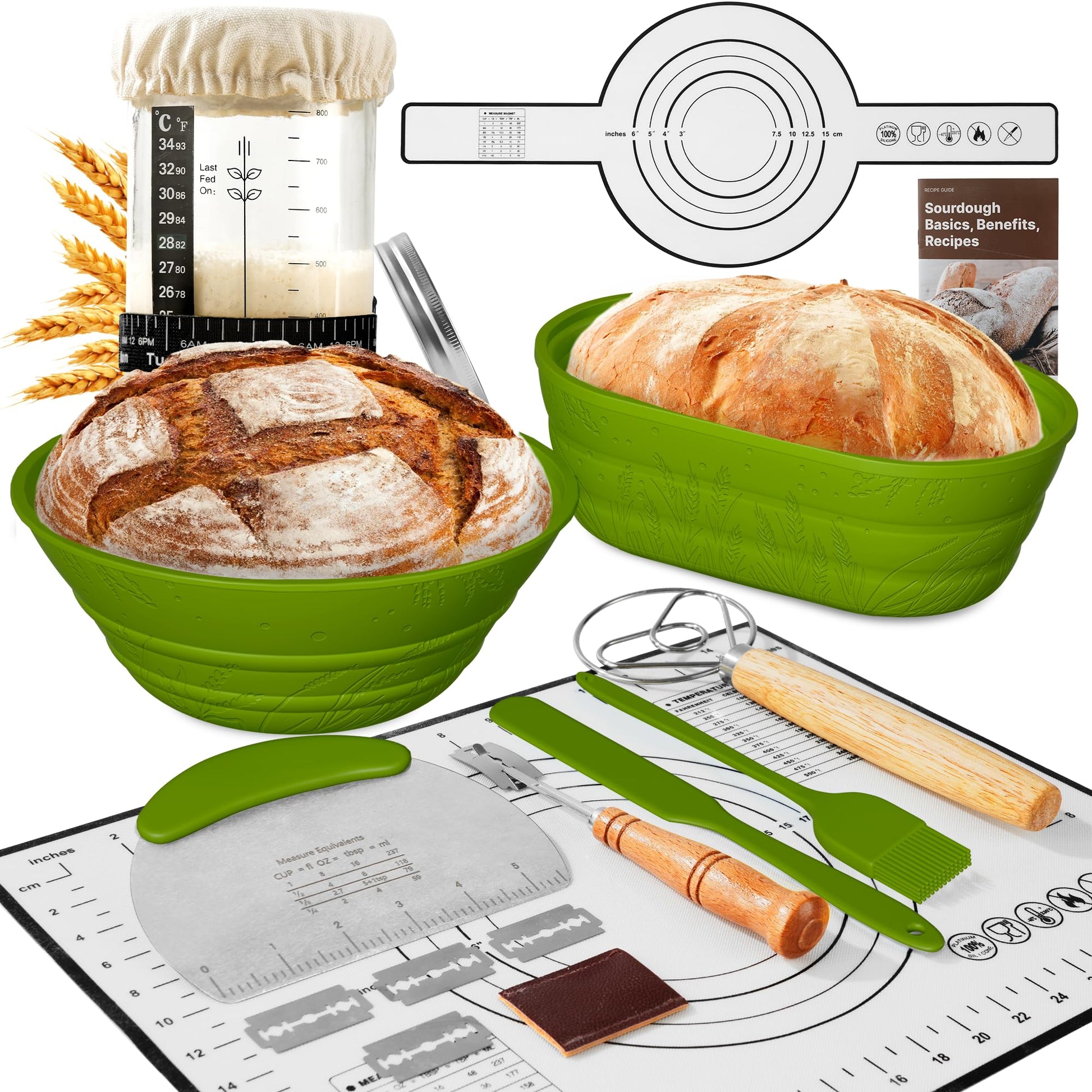 BICRET Sourdough Starter Kit – Complete Baking Supplies, 2 Silicone Proofing Baskets, Baking Mat, Green, Model FJ-3-4C
