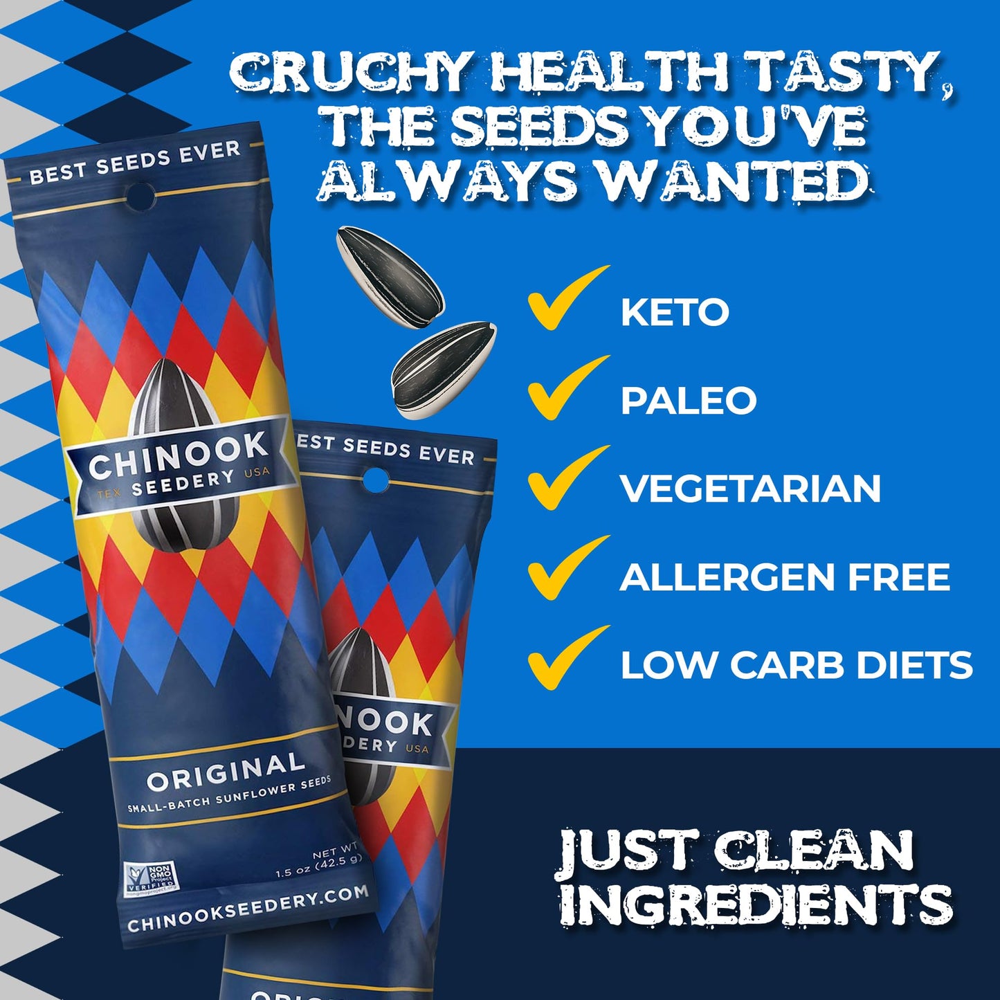 Chinook Seedery Roasted Sunflower Seeds To Eat - Jumbo Low Sodium Sunflower Seeds Keto Snacks - Adventure, Baseball, School Snacks - Gluten Free, Non Gmo Snacks - 1.5 Oz (Pack Of 36) Original