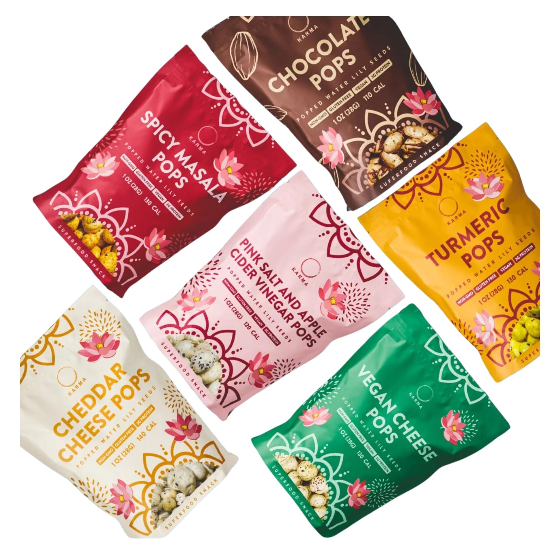 Karma Pops Variety Pack - 3G Protein  Gluten-Free  Vegan  Non-Gmo - Turmeric  Chocolate  Cheddar  Masala Popped Water Lily Seeds - 1 Oz (Pack Of 6)