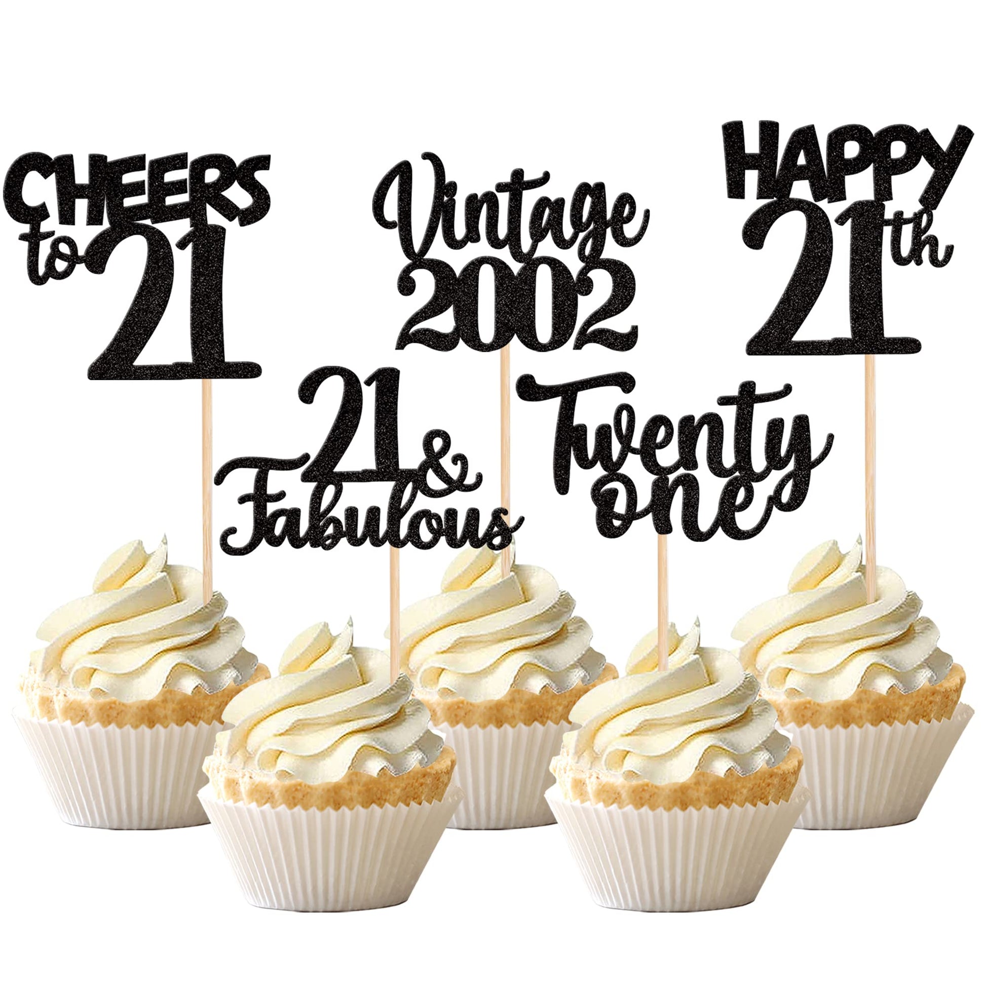 30Pcs Happy 21St Birthday Cupcake Toppers Glitter Twenty One Vintage 2002 Cupcake Picks 21 Fabulous Cheers To 21 Years Cake Deco