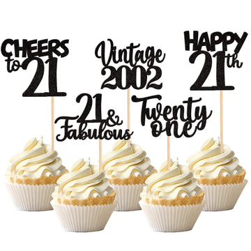 30Pcs Happy 21St Birthday Cupcake Toppers Glitter Twenty One Vintage 2002 Cupcake Picks 21 Fabulous Cheers To 21 Years Cake Deco