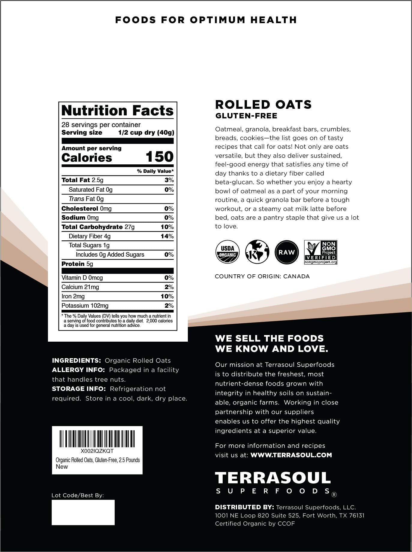 Terrasoul Superfoods Organic Rolled Oats, 2.5 lbs - Gluten-Free | Old-Fashioned | Whole Grain