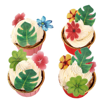 Yocity 83Pcs Edible Monstera Tropical Leaves Flowers Cake Toppers Tropical Palm Leaves Flowers Cupcake Toppers Decorations For J