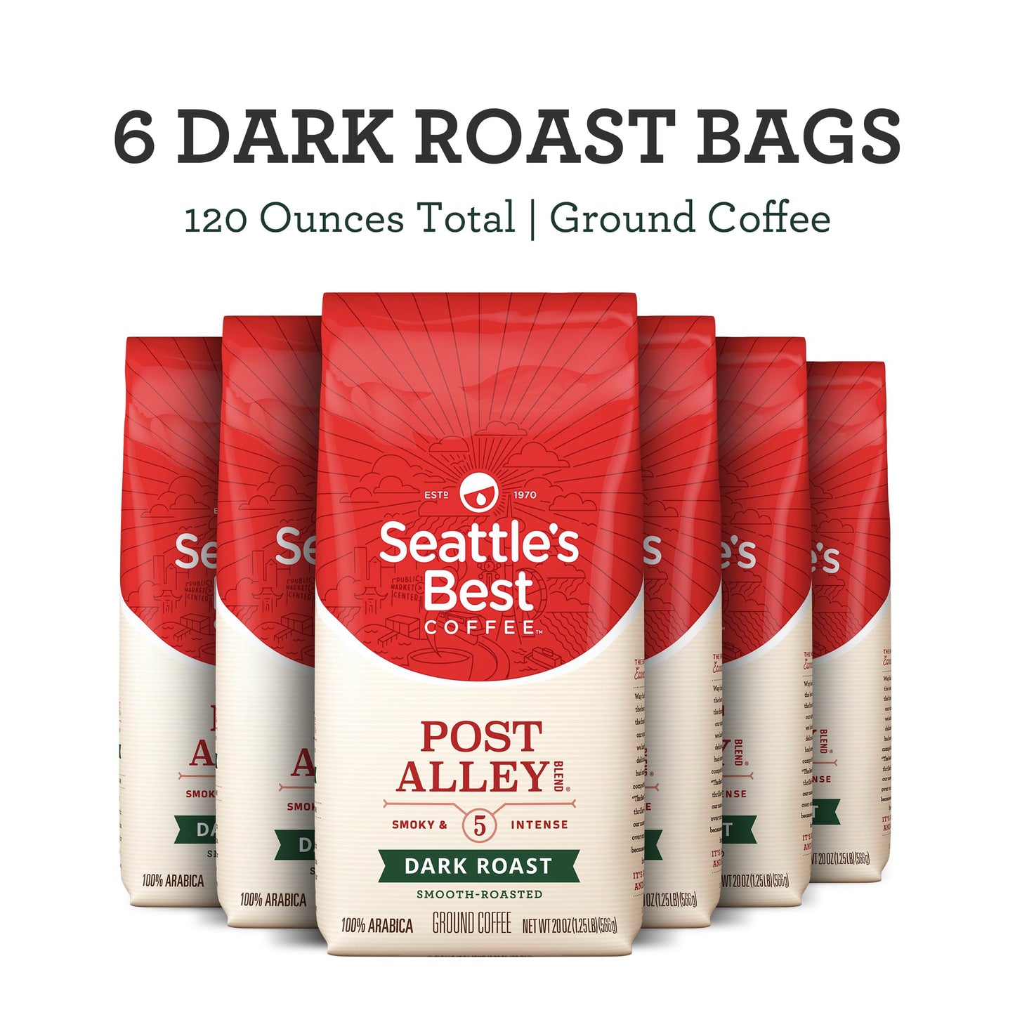 Seattles Best Coffee, Dark Roast Ground Coffee, Post Alley, 100% Arabica, 6 Bags (20 oz Each)