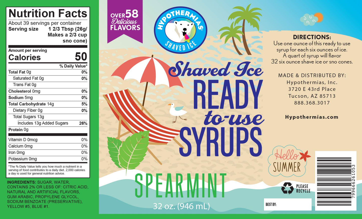Hypothermias Shaved Ice & Snow Cone Syrup - BPA-Free Plastic Bottle Quart (32 Fl. Oz) - Spearmint - Non-GMO 100% Pure Cane Sugar