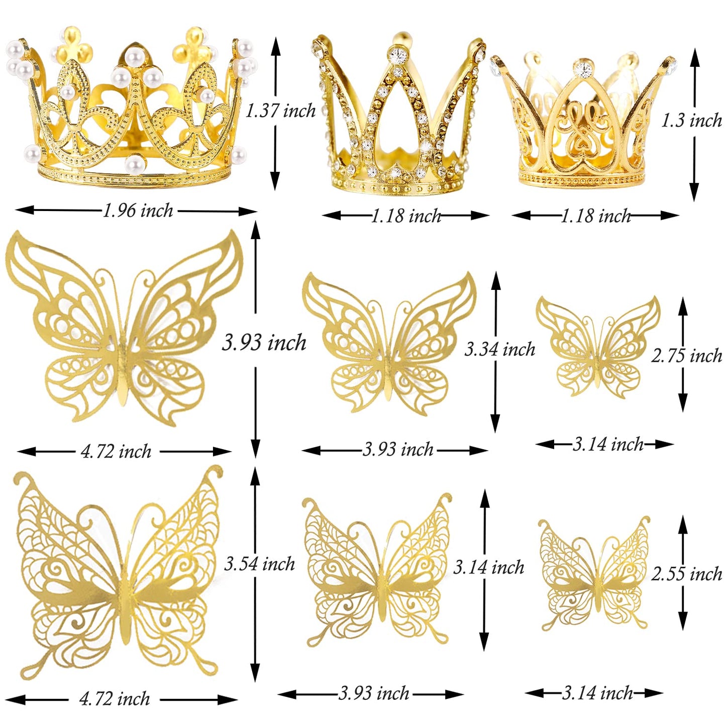 30 Pieces Mini Crown Cake Topper Small Gold Crown Mini Tiara With Gold Butterfly Decoration 3D Gold Butterflies For Flower Arran