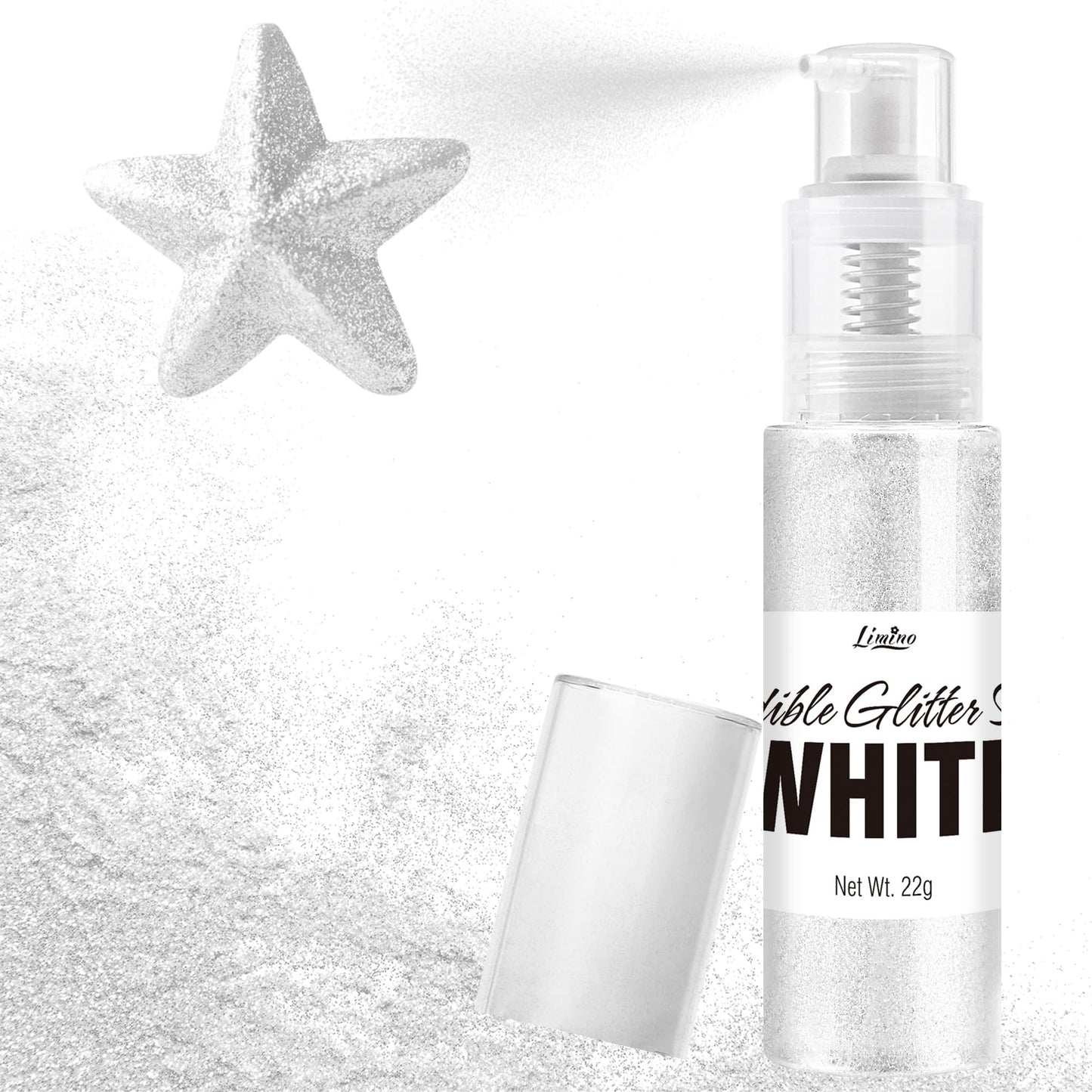 Limino Edible Glitter Spray - 22g Metallic Food Grade Shimmer Glitter for Cake Decorating, Baking, and Drinks - White