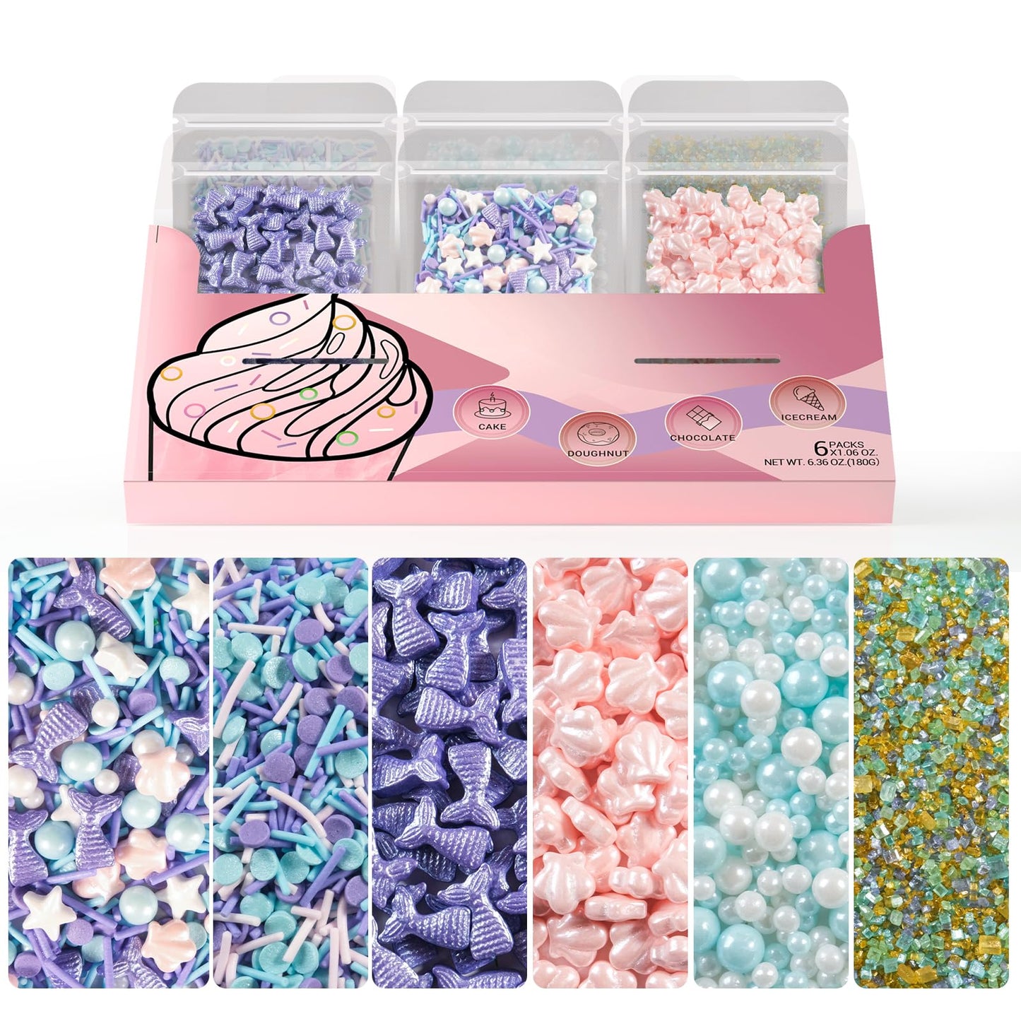 Huebeaty 6-In-1 Mermaid Sprinkles Edible Set - 180G Seashell Candy  Jimmies  Mermaid Tail Sprinkles  Blue & White Pearls  Sanding Sugar - Edible Mermaid Cake Decorations For Cupcakes  Cookies  Ice Cream & Summer Desserts Decorating
