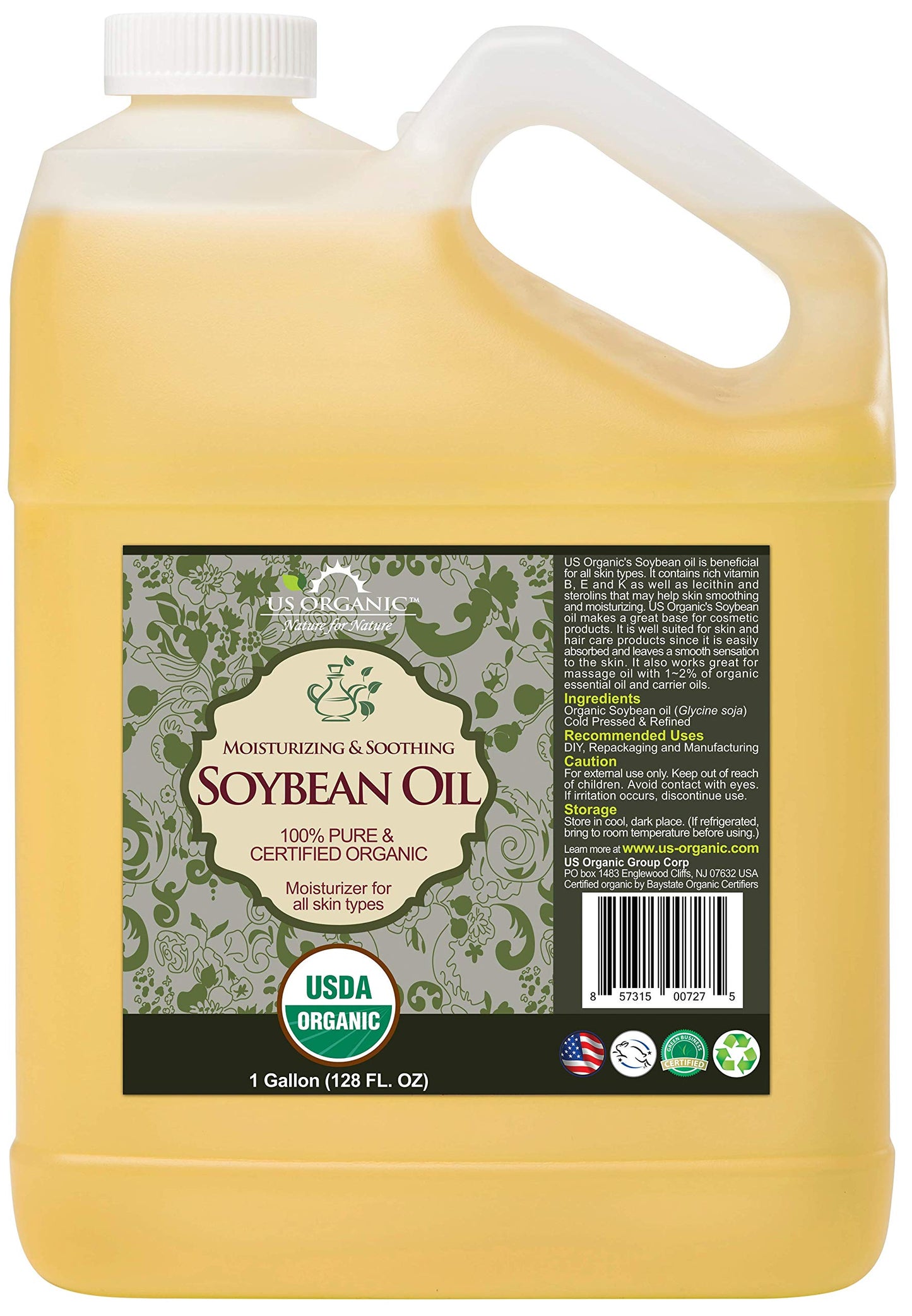 US Organic Soybean Oil, USDA Certified Organic, 100% Pure, Cold Pressed, 128 Fl Oz (1 Gallon), Model SNOL128