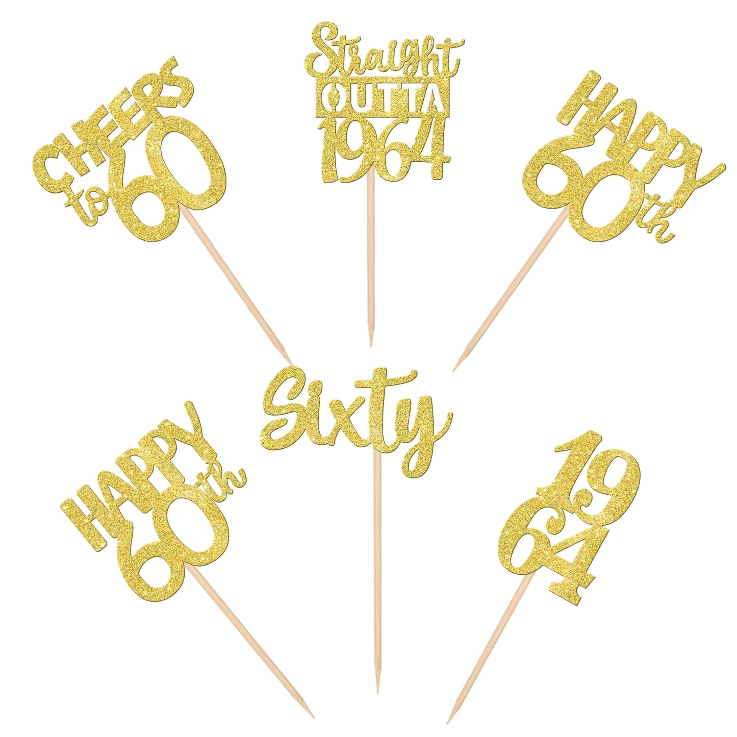 ZHUOWEISM 30PCS Cupcake Toppers Gold Glitter Sixty Birthday Picks for 60th Anniversary Party Decorations