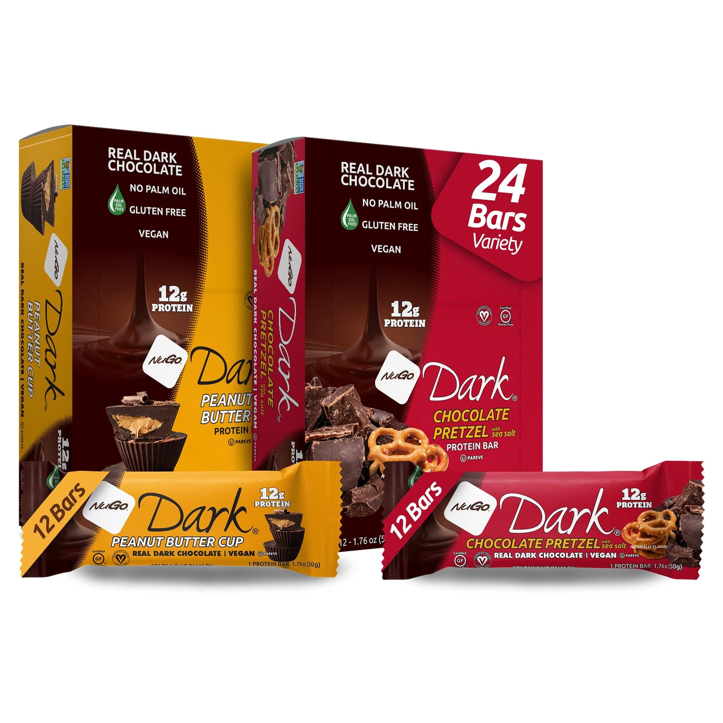 Nugo Dark Variety - Pretzel With Sea Salt 12 Bars & Peanut Butter Cup 12 Bars, 12G Protein Bar, Vegan, Gluten Free, Non-Gmo, Kos