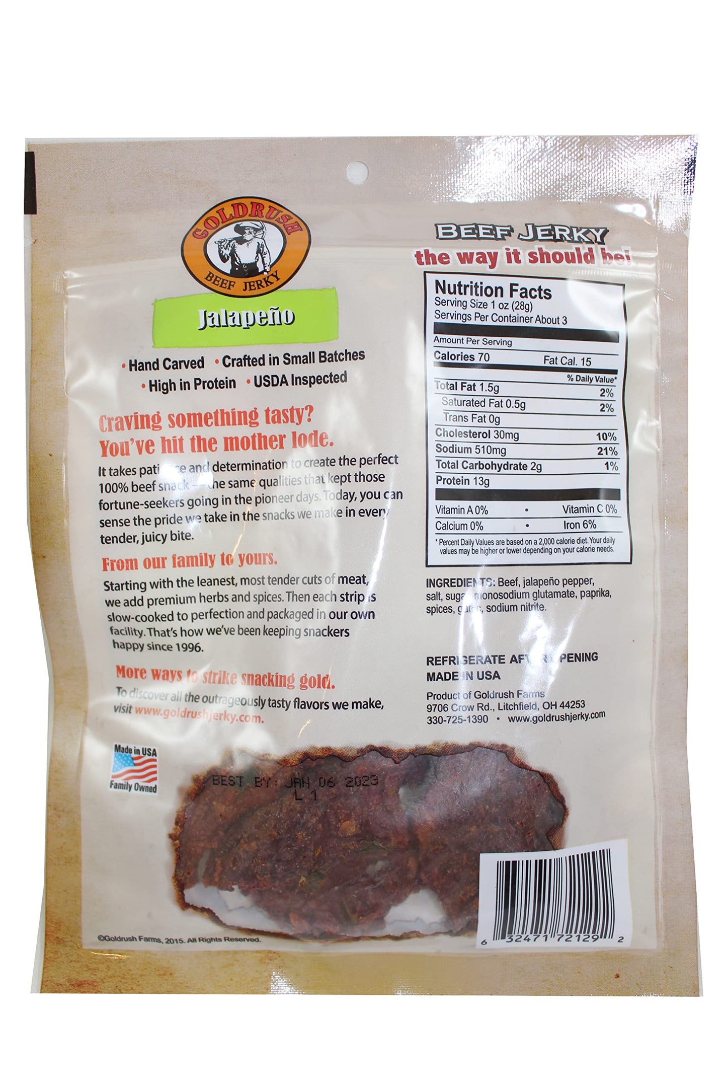 Gold Rush Farms Premium Jerky, Jalapeno Flavor, 2.85 Oz, 45.6 Ounces