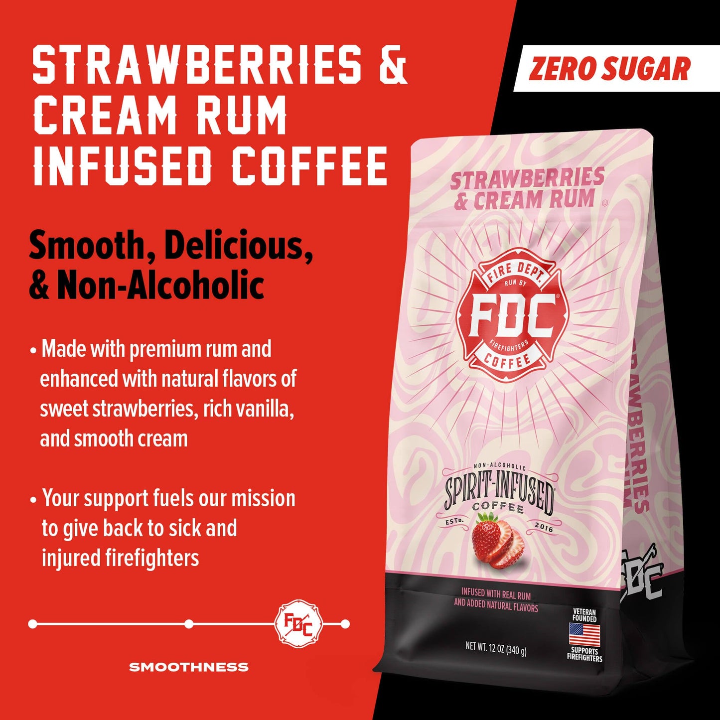 Fire Department Coffee Whole Bean Coffee - Medium Roast - 12 oz - Strawberries & Cream spirit-inspired flavor Infused - Non-  ic - Veteran Owned