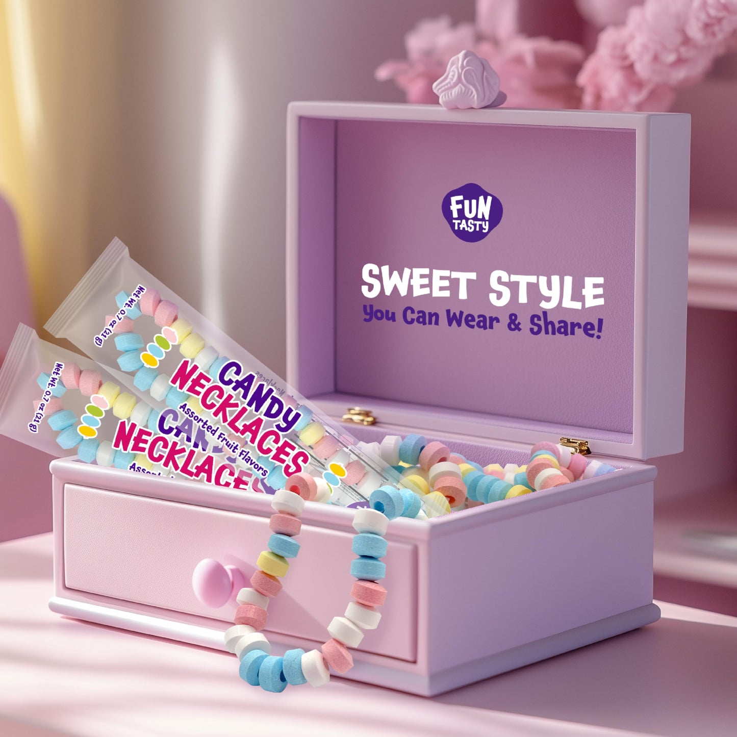 Funtasty Candy Necklaces - 21 Ounce Bag (28 Count) - Party Favors - Fruit Flavors - Individually Wrapped - Stretchable