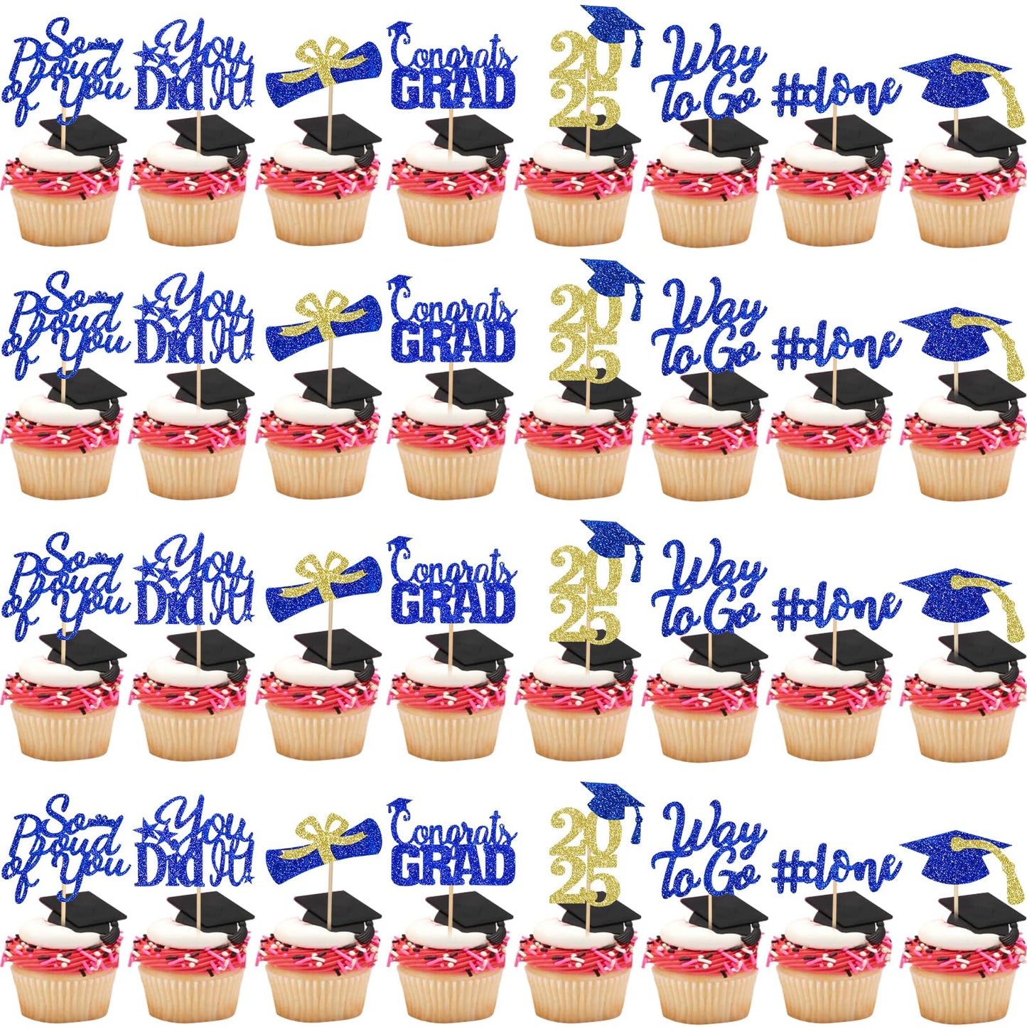 32Pcs Graduation Cupcake Toppers 2025 Blue And Silver, Class Of 2025 Cupcake Toppers Graduation 2025 Food Picks For 2025 Party C