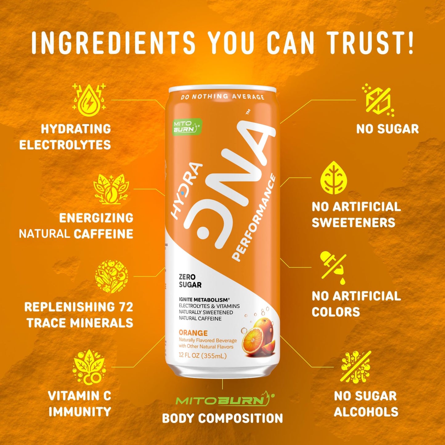 HYDRADNA Clean Performance Drink, Zero Sugar, 12 Fl Oz (Pack of 12), Orange, 120 mg Organic Caffeine, Natural Flavors