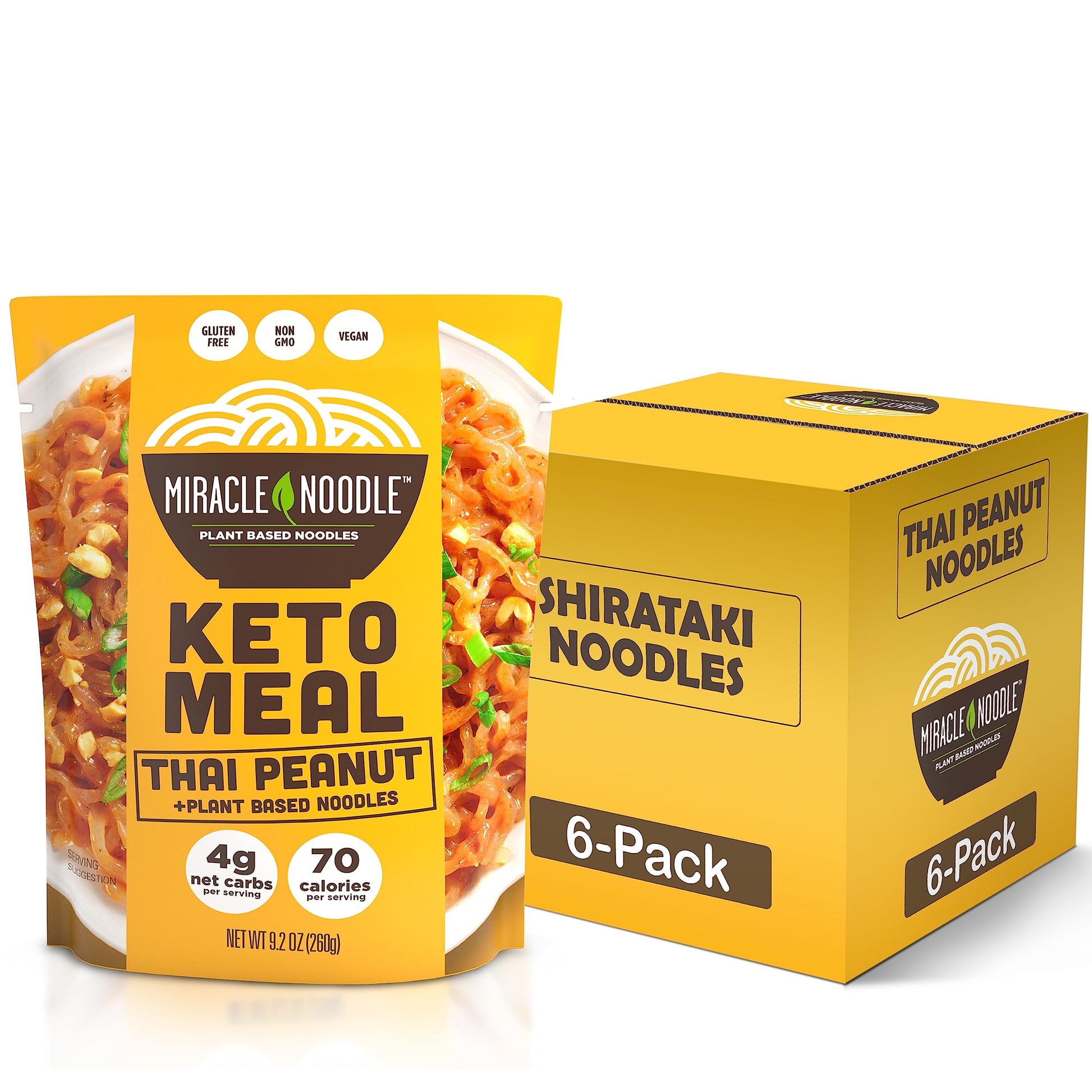 Miracle Noodle Thai Peanut Shirataki Konjac Noodles - Plant Based, Gluten & Grain Free, Non Gmo, Vegan, Low In Calories & Carbs, 9.2 Oz, 6-Pack