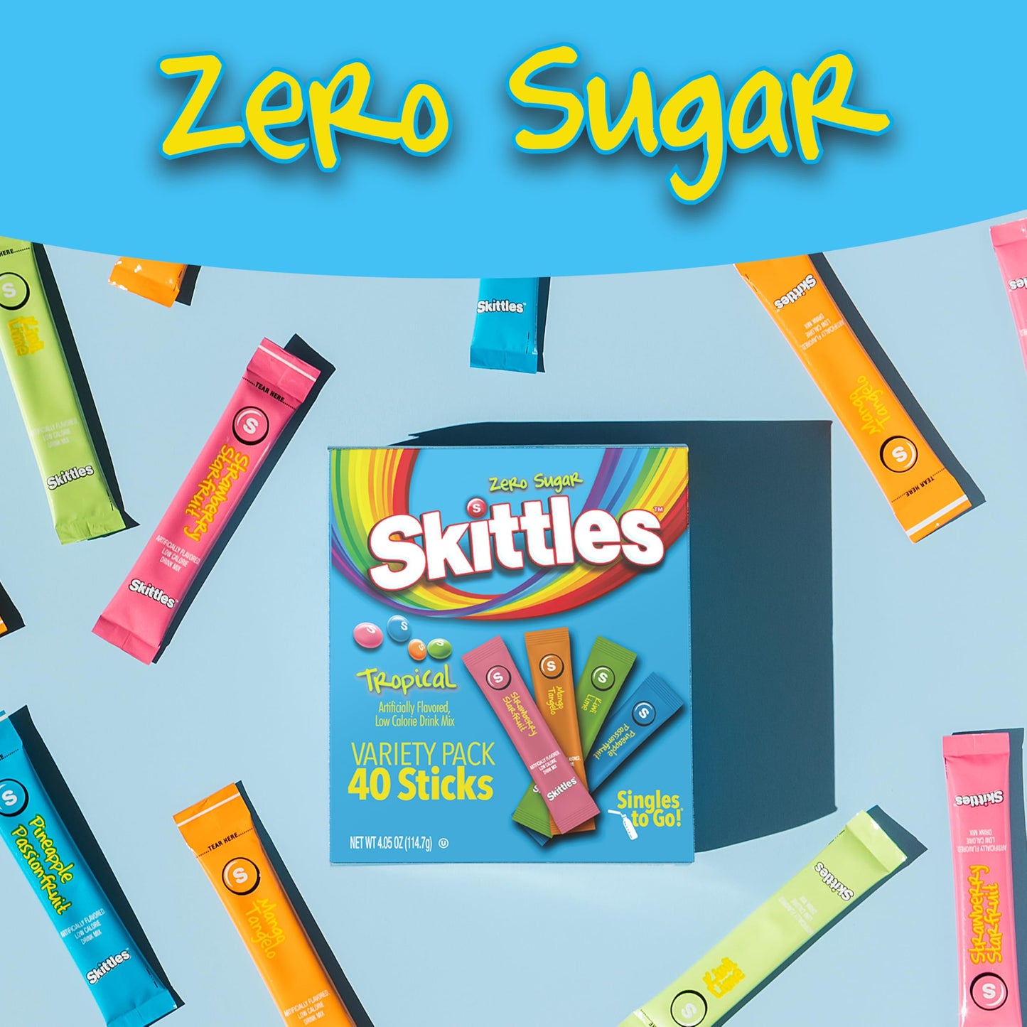 Skittles Singles To Go Tropical Variety Pack, Watertok Powdered Drink Mix, Zero Sugar, Low Calorie, Includes 4 Flavors: Strawber