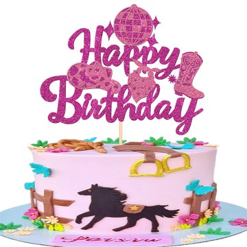 1 PCS Cowgirl Happy Birthday Cake Topper Glitter Western Cowgirl Birthday Cake Pick Hat Boot Disco Cowgirl Cake Decorations for 