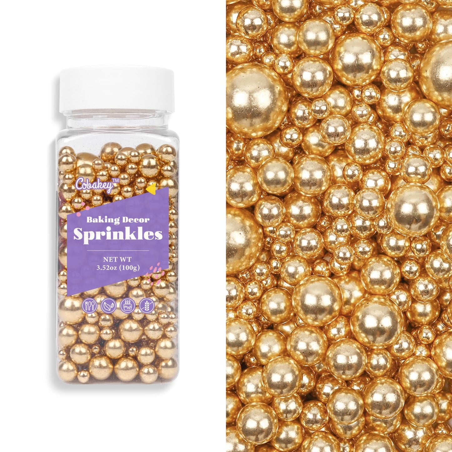 Cobakey Bright Gold Sprinkles For Cake Decorations 3.52 Ounce Gold Metallic Pearl Sugar Sprinkles For Cupcake Toppers Wedding Pa