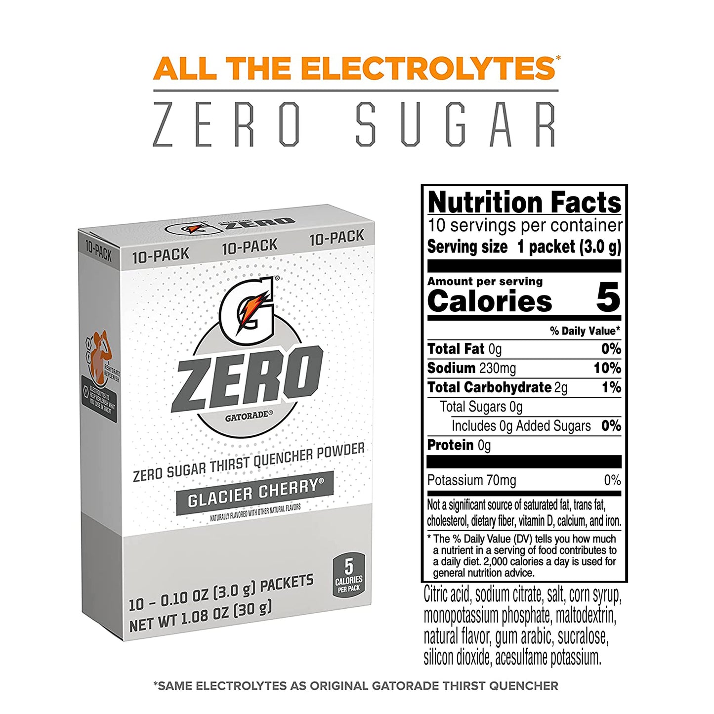 Gatorade G Zero Powder, Glacier Cherry , 10 Count (Pack Of 12)