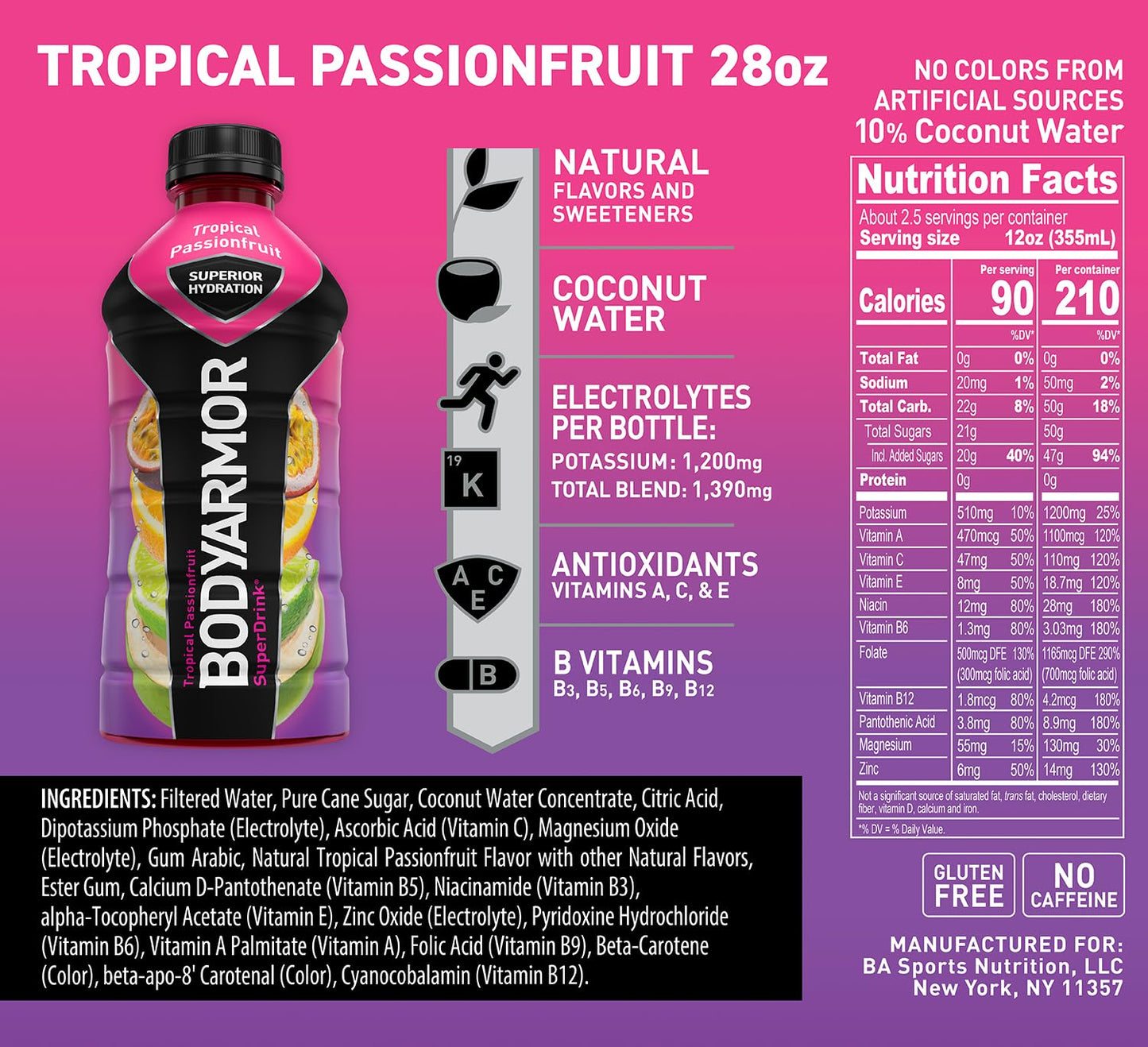 Bodyarmor Sports Drink Sports Beverage, Tropical Passionfruit, Coconut Water Hydration, Natural Flavors With Vitamins, Potassium