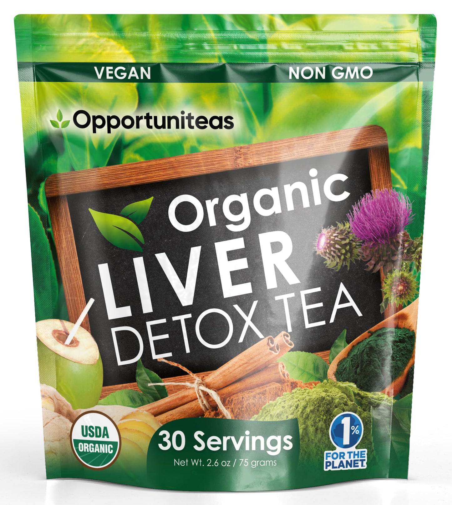 Opportuniteas Organic Liver Detox Tea Powder - Matcha, Milk Thistle, Spirulina - 2.6 oz - Green