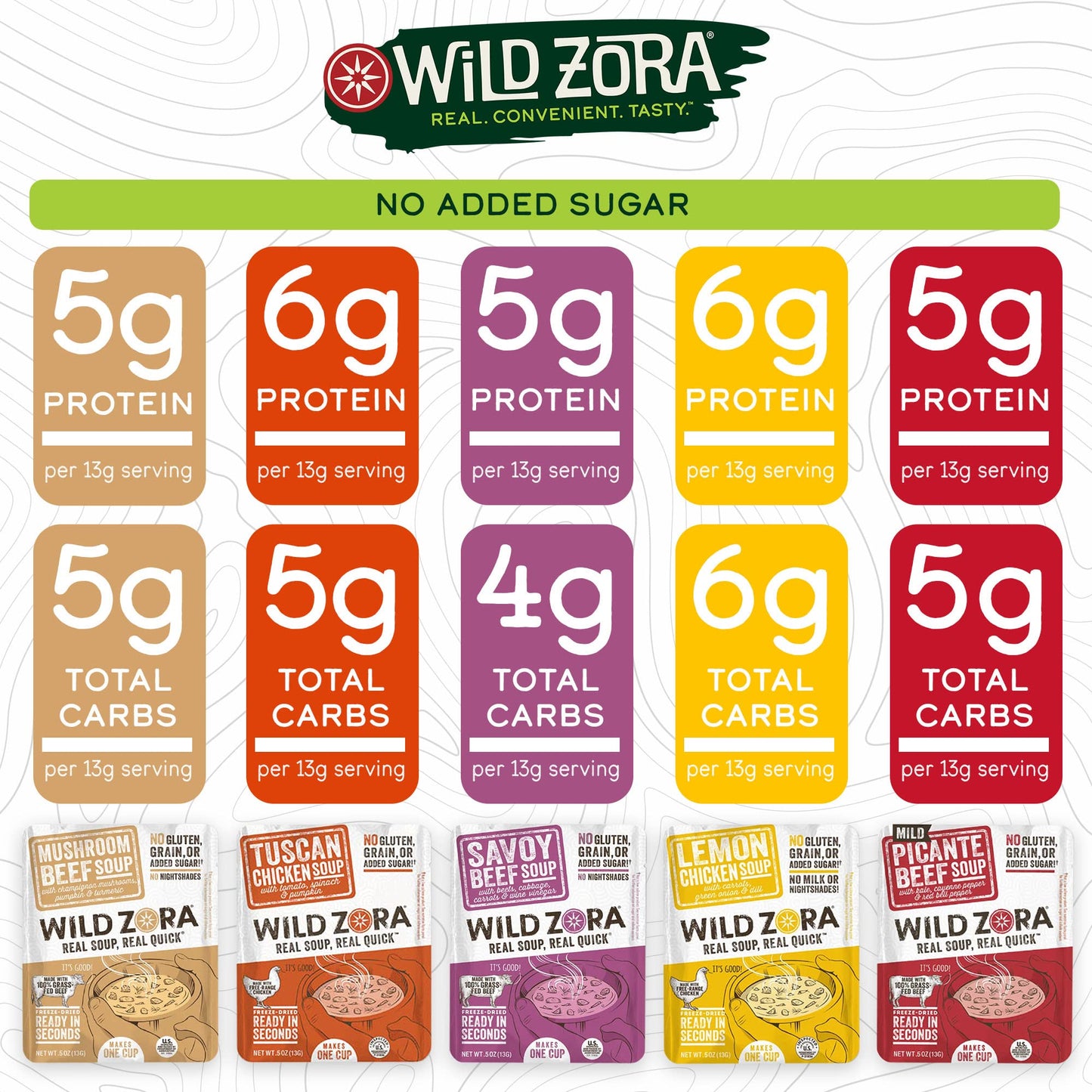 Wild Zora Instant Keto-Friendly Soups 5-Pack Variety, Broth Made With Grass-Fed Beef, Free-Range Chicken, And Vegetables, Gluten