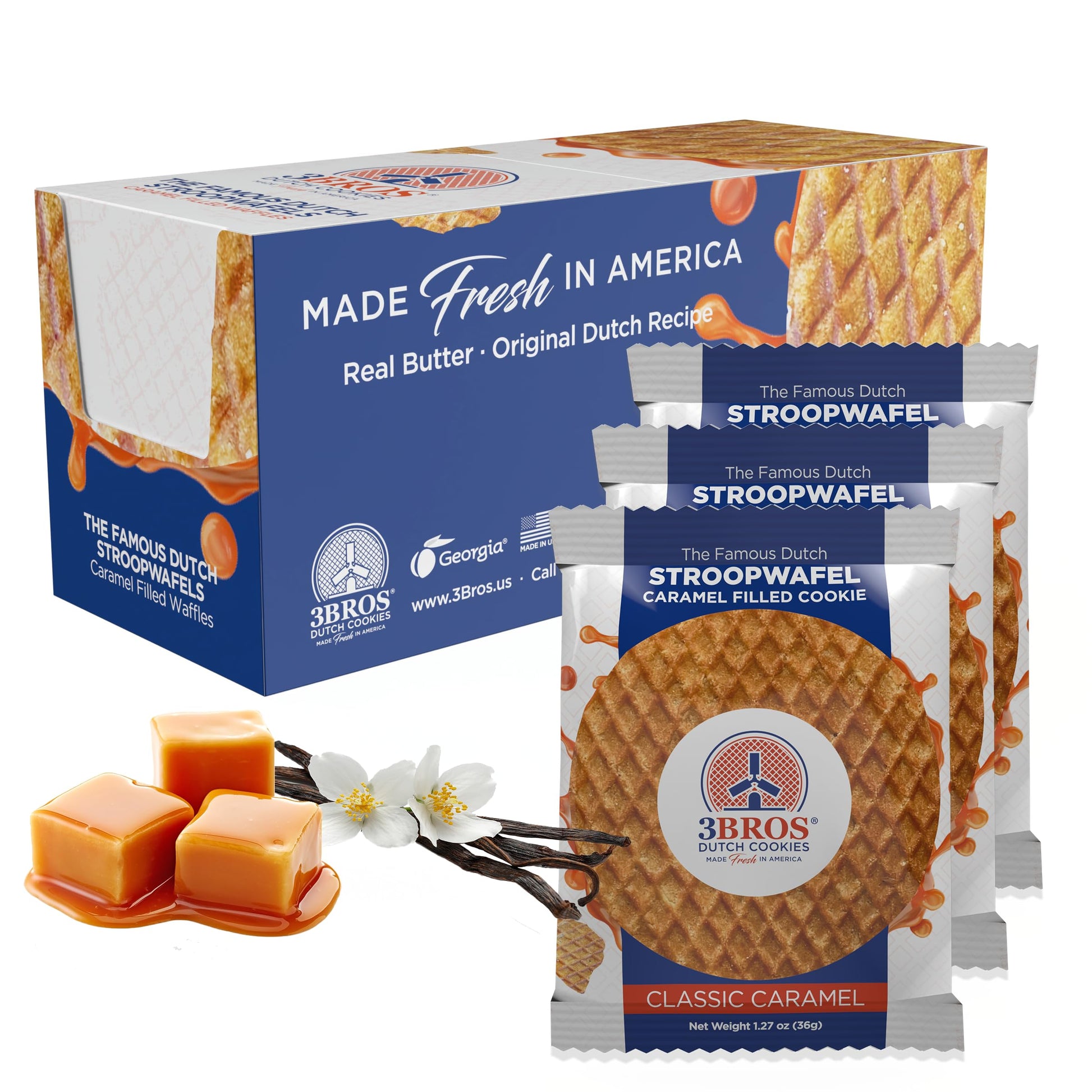 3Bros Stroopwafels, Dutch Caramel-Filled Waffle Cookies, Individually Wrapped (20 count, Caramel)