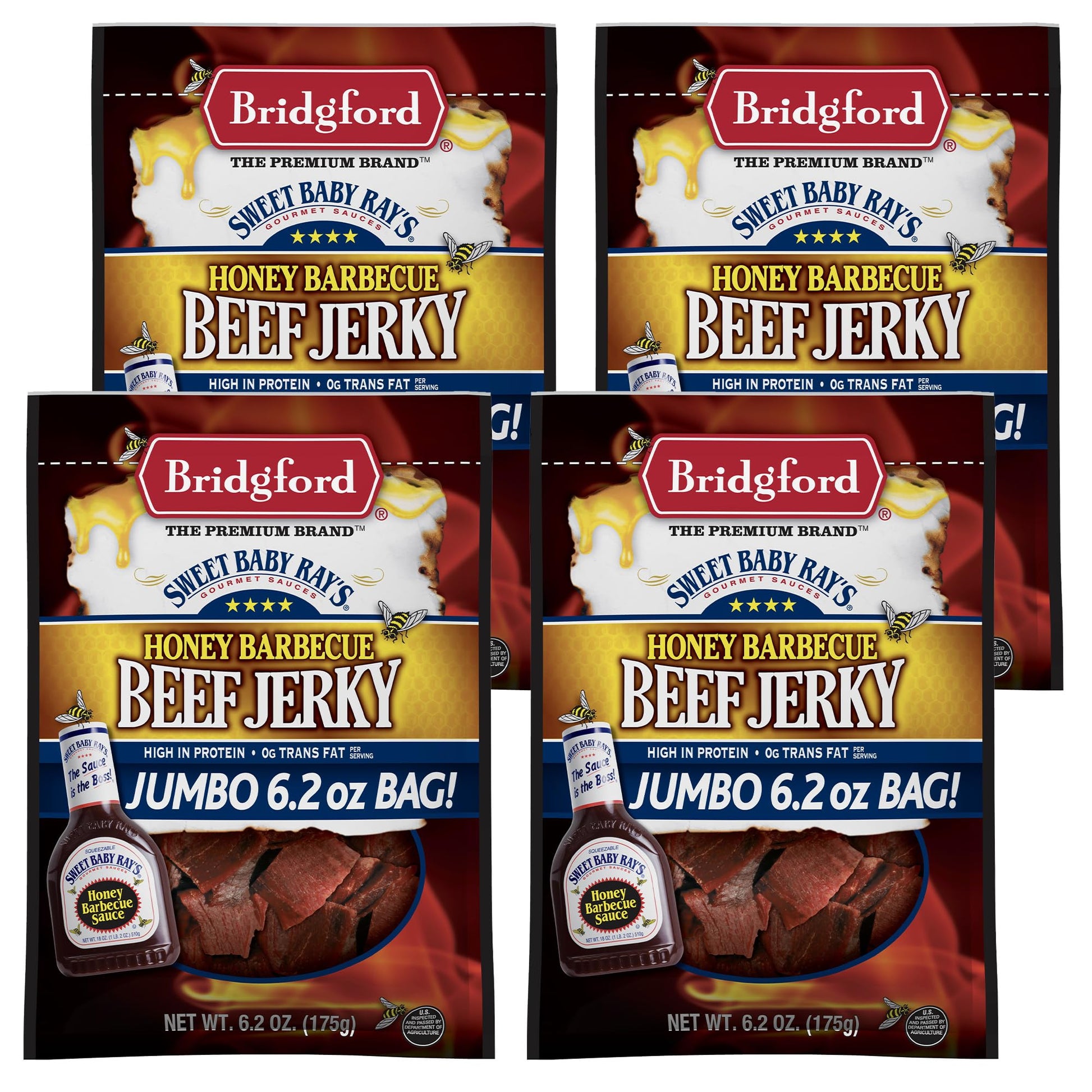 Bridgford Beef Jerky Honey BBQ - High Protein Snack, 6.2 oz Pack of 4, Naturally Smoked, Ready to Eat, Ideal for On-the-Go Snacking