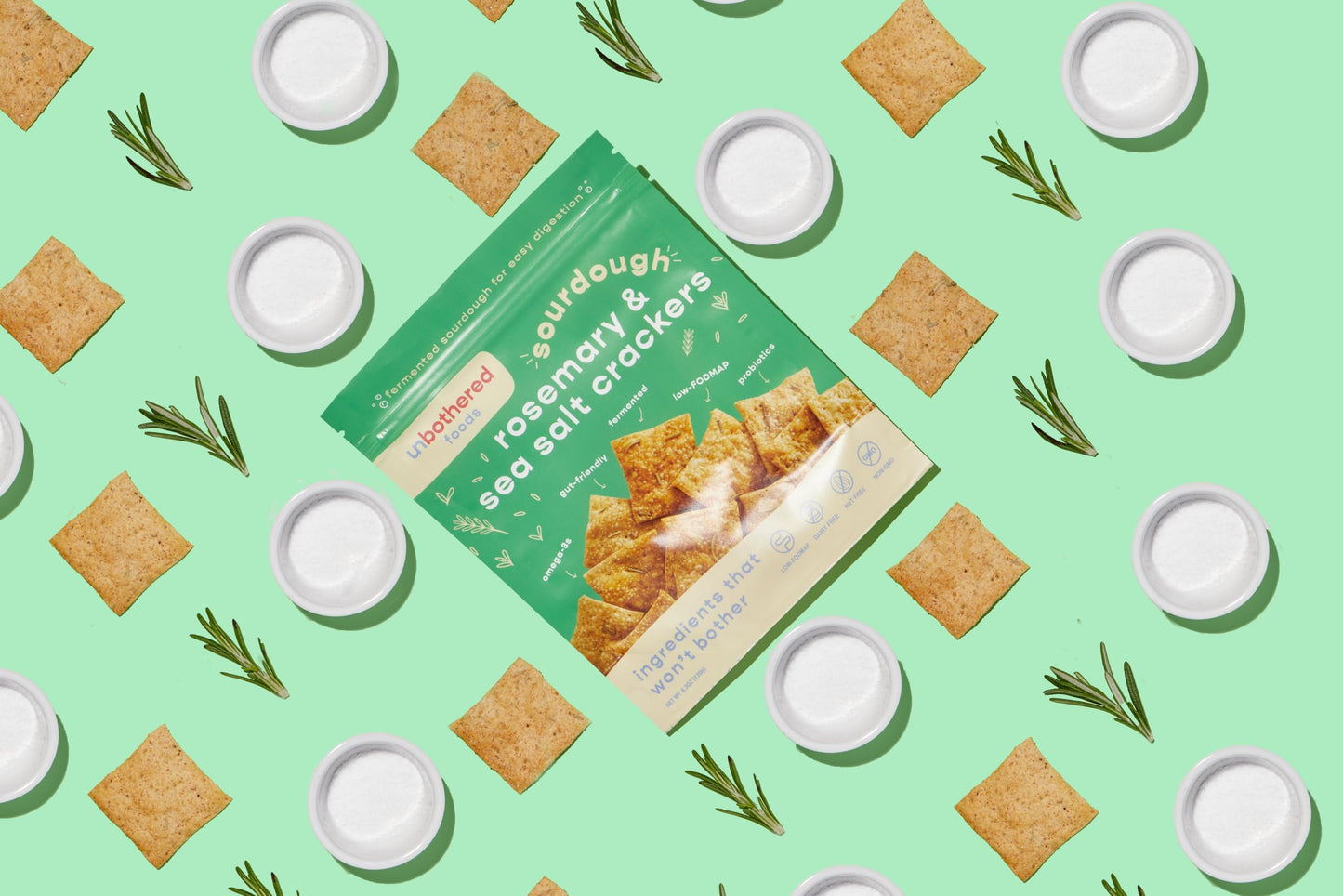 Unbothered Foods Rosemary & Sea Salt Sourdough Crackers - Gut-Friendly & Easy to Digest, Non-GMO, No Added Sugar, Nut-Free, Perf