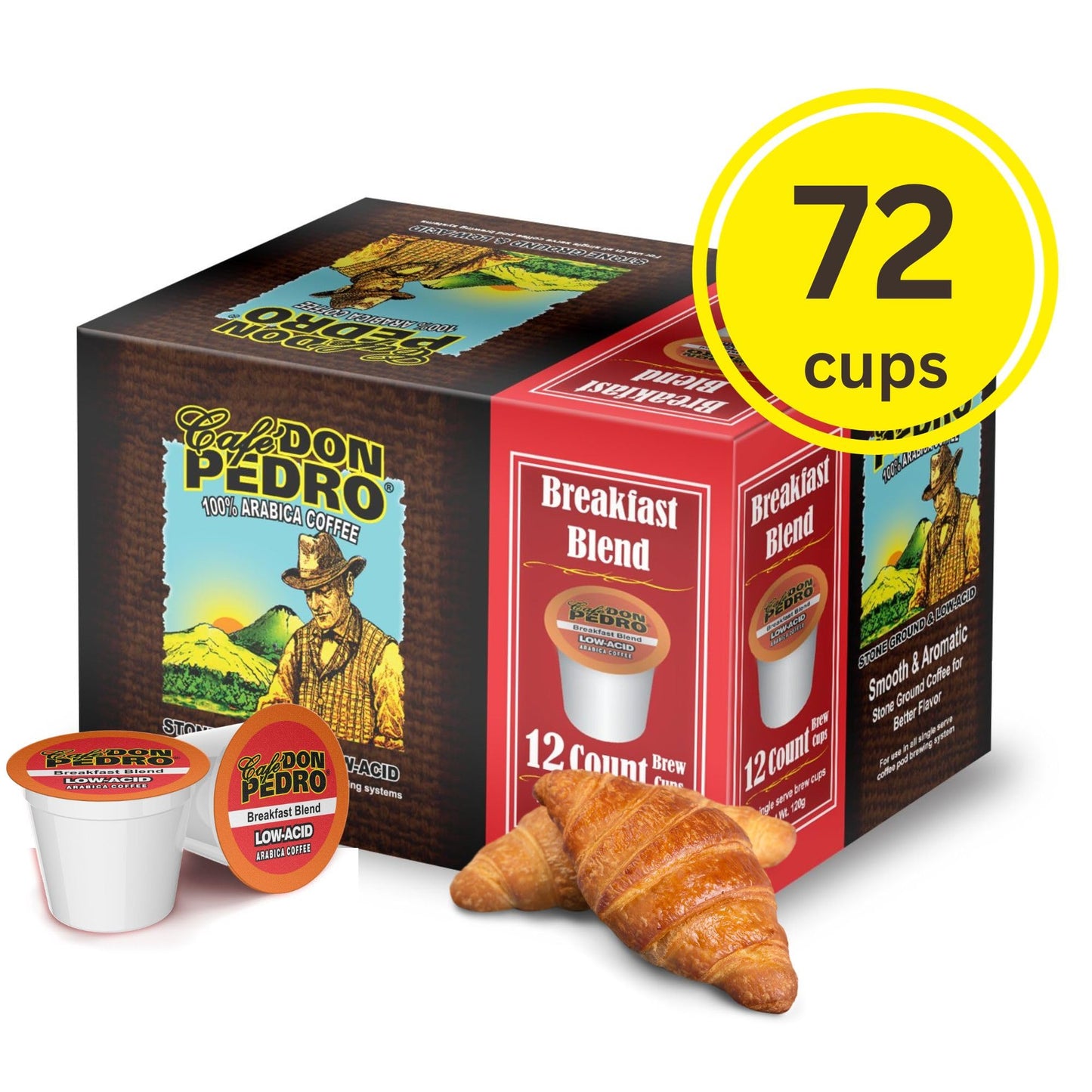 Cafe Don Pedro Breakfast Blend Low Acid Coffee Pods, Medium Roast, 72 K-Cups, 100% Arabica, Smooth and Bold Flavor
