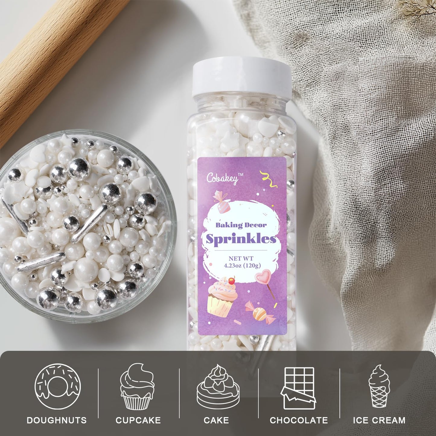 White Wedding Sprinkles For Cake Decorating 4.23Ounce - Sugar Mix Contains White & Silver Pearl Sprinkles For Cupcake Toppers, I
