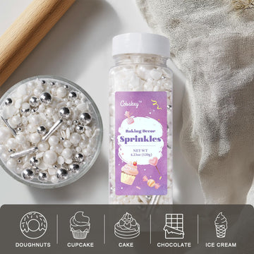 White Wedding Sprinkles For Cake Decorating 4.23Ounce - Sugar Mix Contains White & Silver Pearl Sprinkles For Cupcake Toppers, I