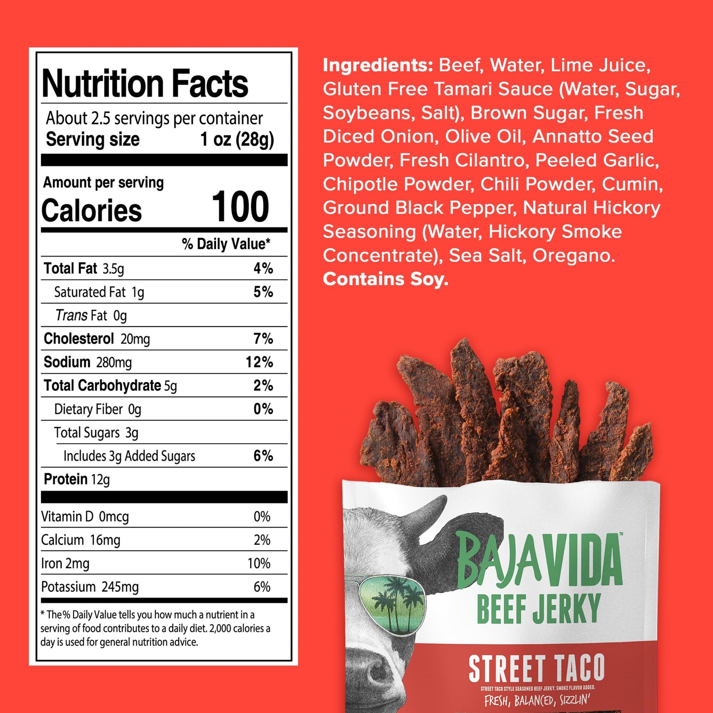 BAJA BEEF Baja Vida Street Taco Beef Jerky, Sweet and Spicy, Gluten-Free, All-Natural, 2.5 Oz Bags (Pack of 4)