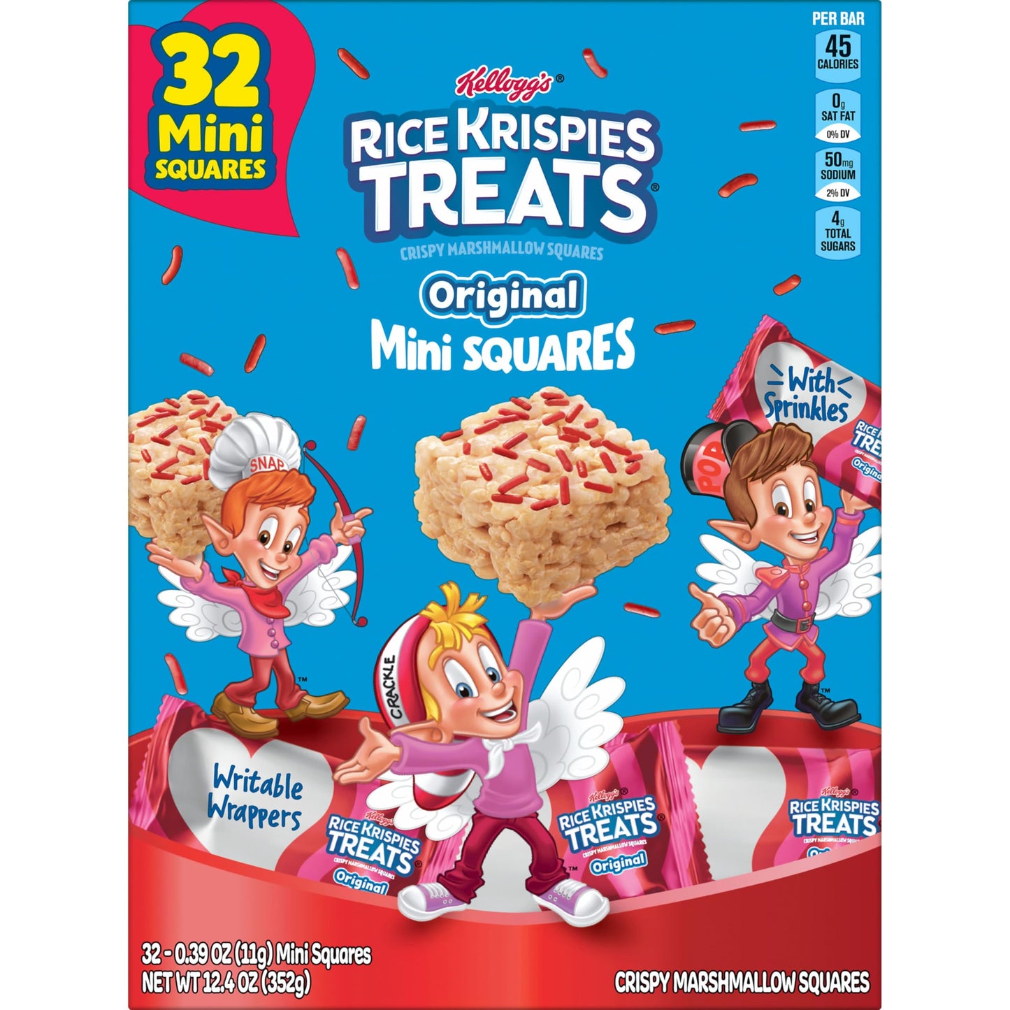 Rice Krispies Treats Mini Marshmallow Cereal Bars, Valentine'S Day Snacks, Original With Holiday Sprinkles, 12.4Oz Box (32 Count