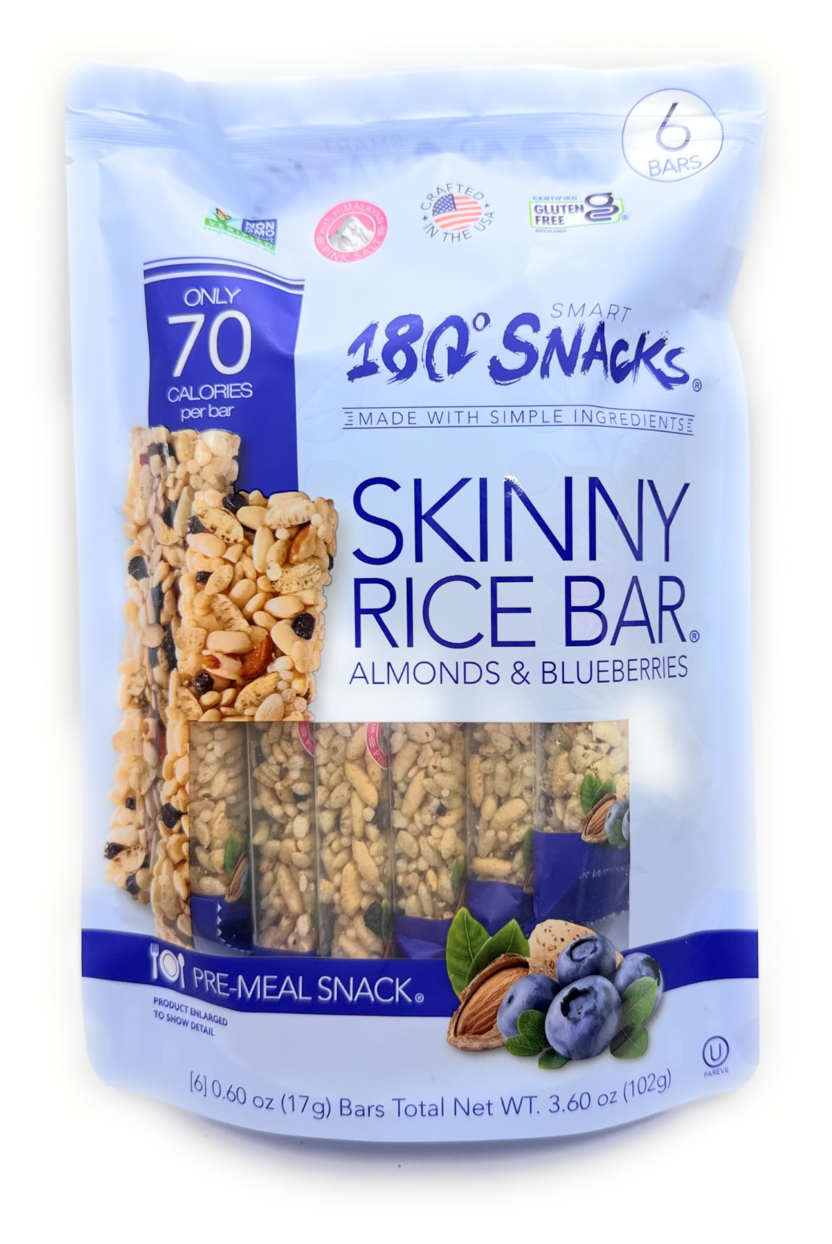 180 Snacks Skinny Rice Bars with Almond & Blueberries, 6 Bars