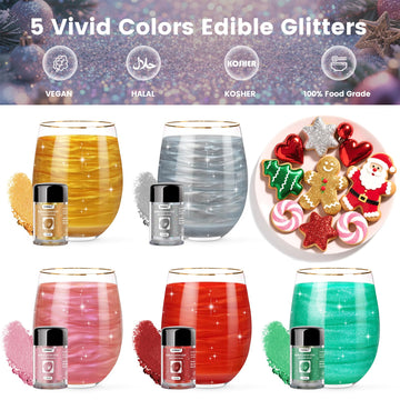 5 Colors Christmas Edible Glitter Set, Edible Glitter for Drinks, Luster Dust Shimmer Powder for Cakes, Cocktails, Beverages, St