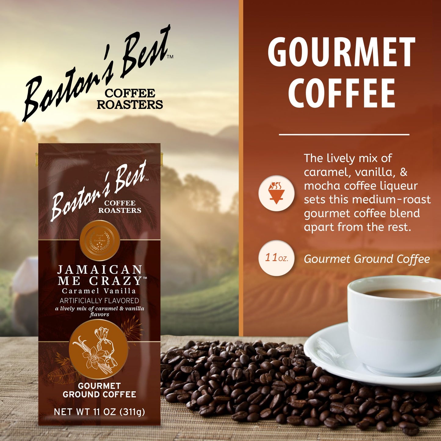Bostons Best Coffee - Jamaican Me Crazy Flavored Gourmet Ground Coffee, 11 oz. Bag