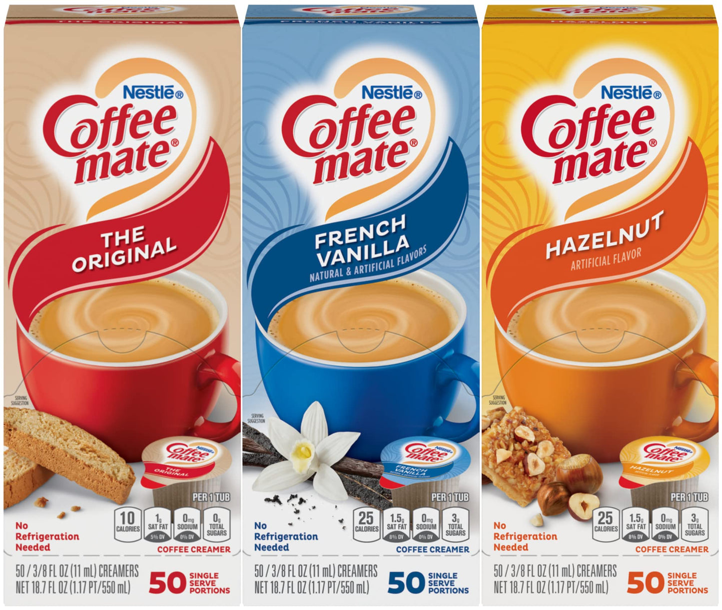 Nestle Coffee Mate Creamer Singles Variety Pack, Original, French Vanilla, Hazelnut, Non Dairy, No Refrigeration, 0.375 Fl Oz Tubs, 150 Count (Pack Of 50 Per Flavor)