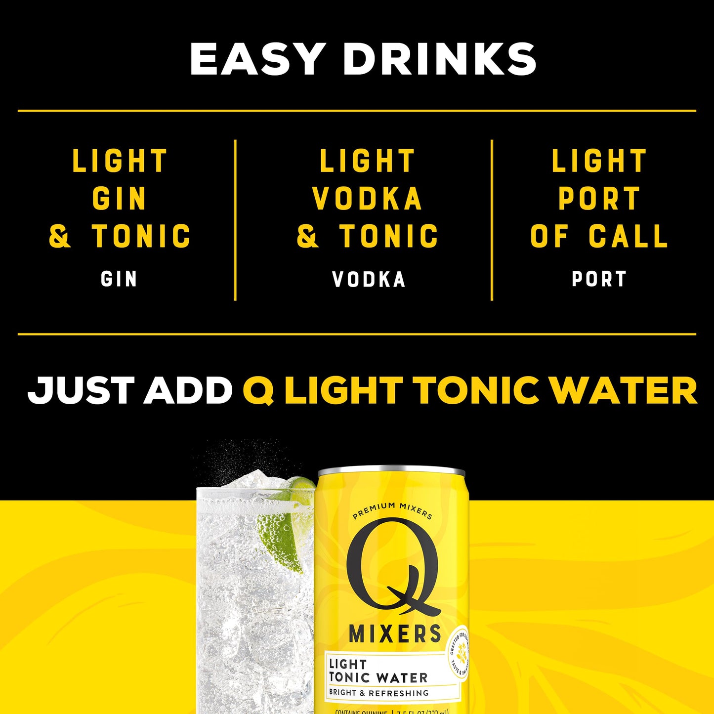 Q MIXERS Light Tonic Water, 7.5 Fl Oz (Pack of 24), Carbonated, Less Sweet, with Real Quinine & Organic Agave