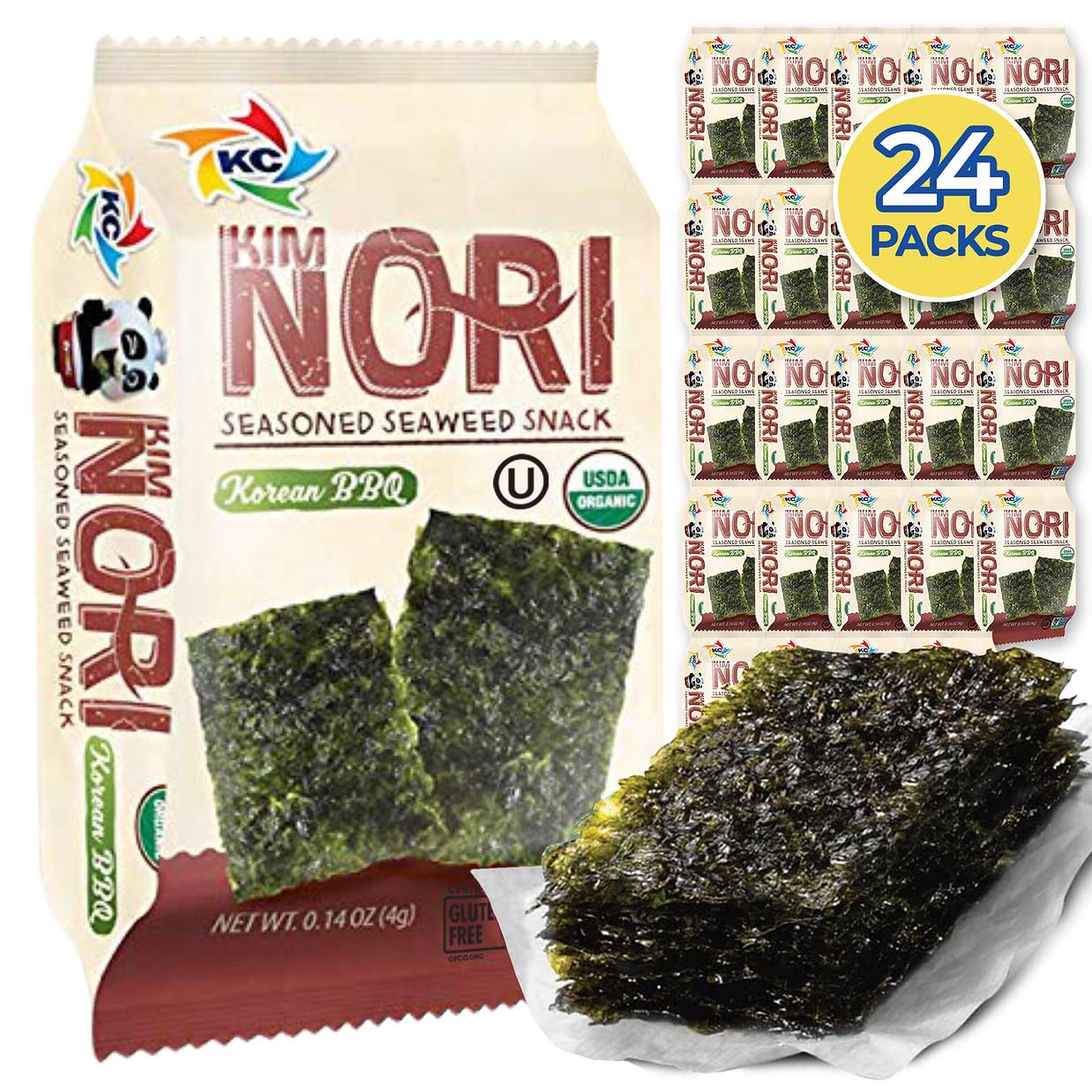 KIMNORI Seasoned Seaweed Snacks - Organic Korean BBQ Flavor, 24 Packs, 4g Each, 100% Natural Laver, Roasted Crispy