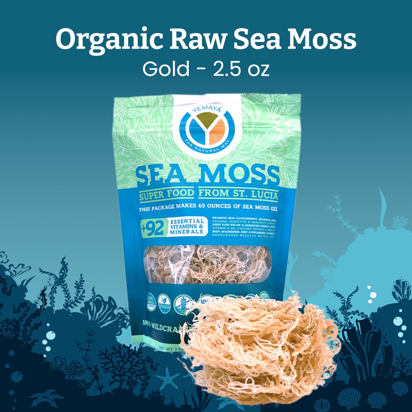YEMAYA Organic Dried Sea Moss dietary product, Gluten Free, 2.5 oz, Gold
