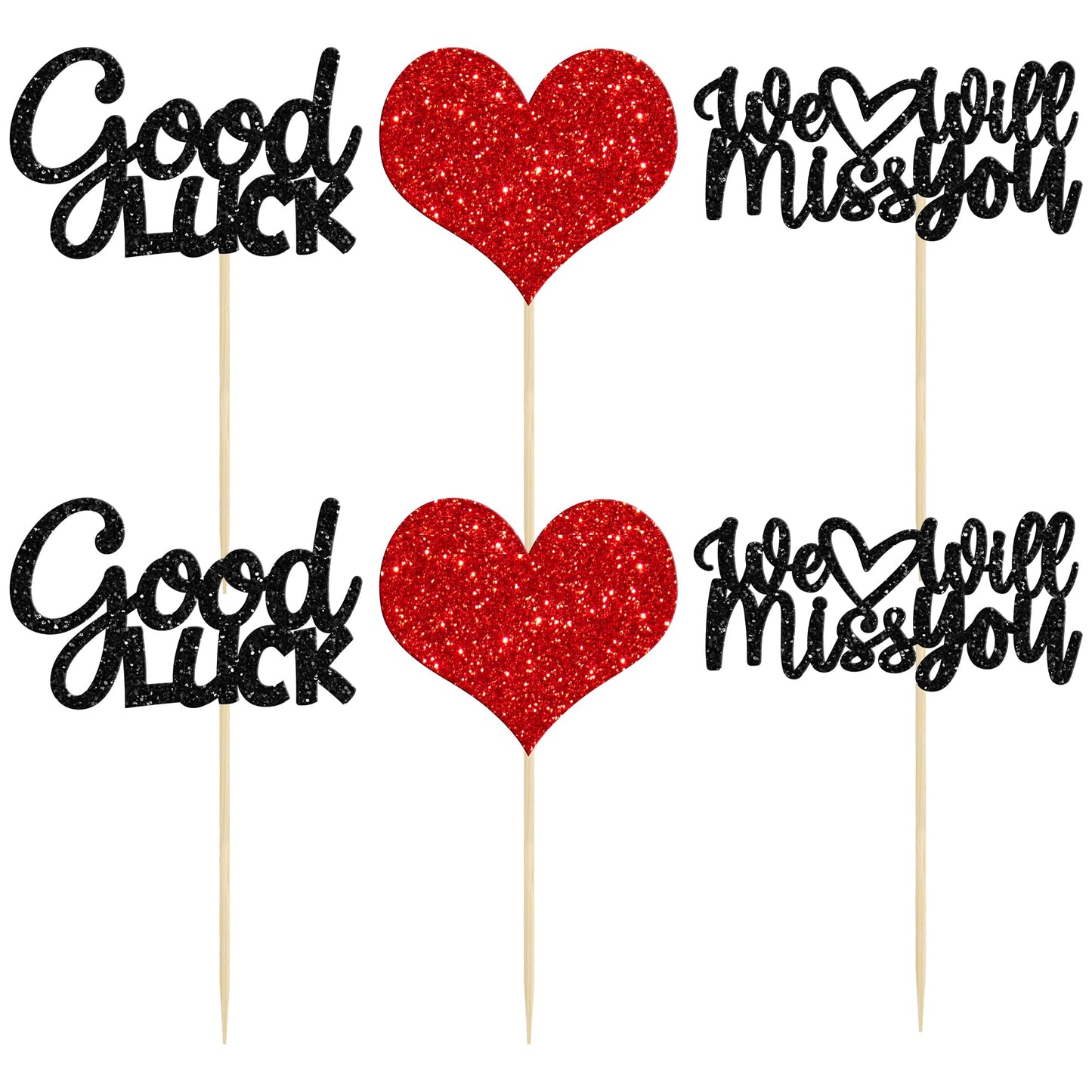 Gyufise 36Pcs We Will Miss You Cupcake Toppers Glitter Red Love Heart Good Luck Cupcake Picks For Retirement Theme Going Away Pa